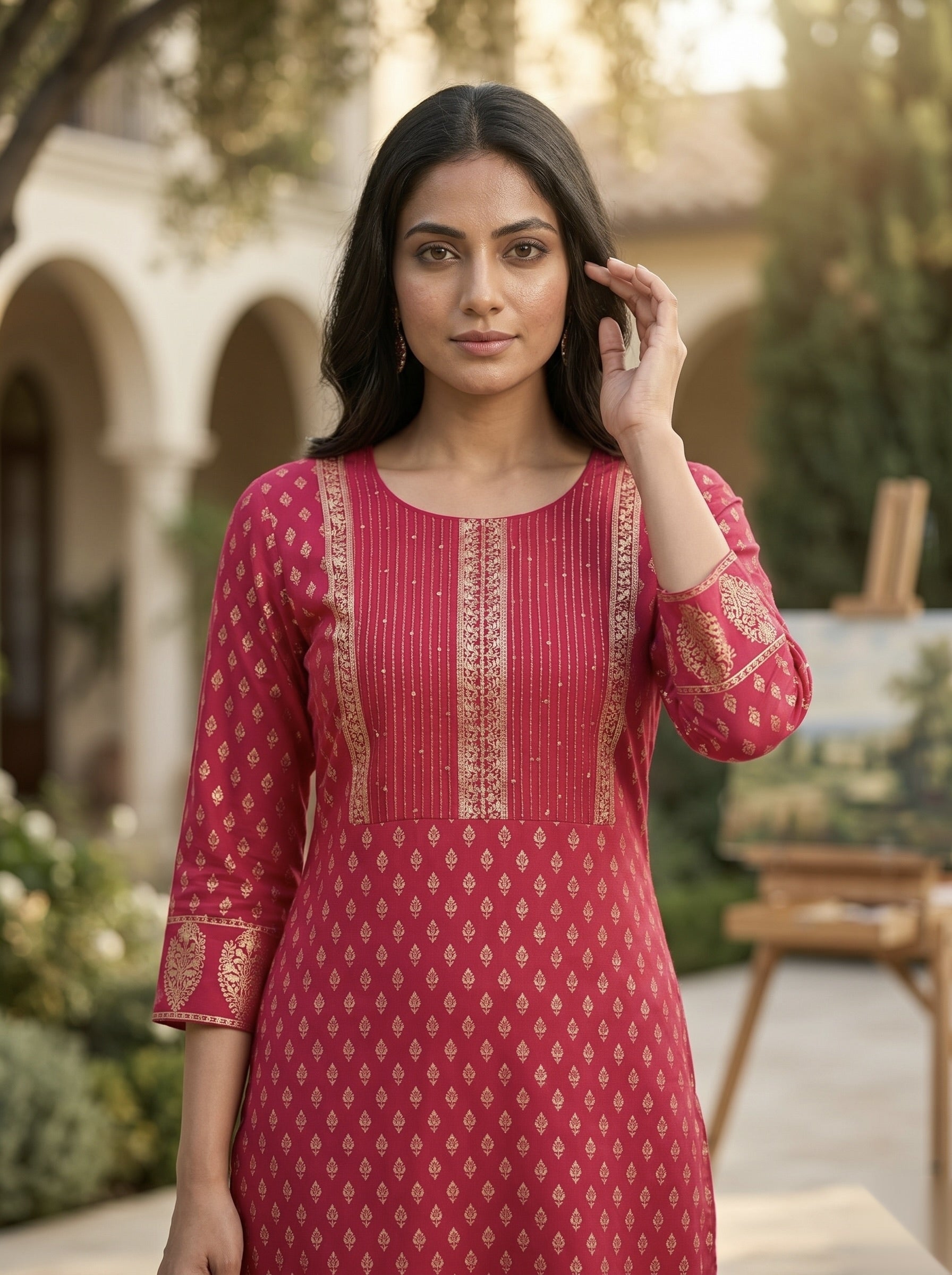 Golden Pattern kurti - Dark pink