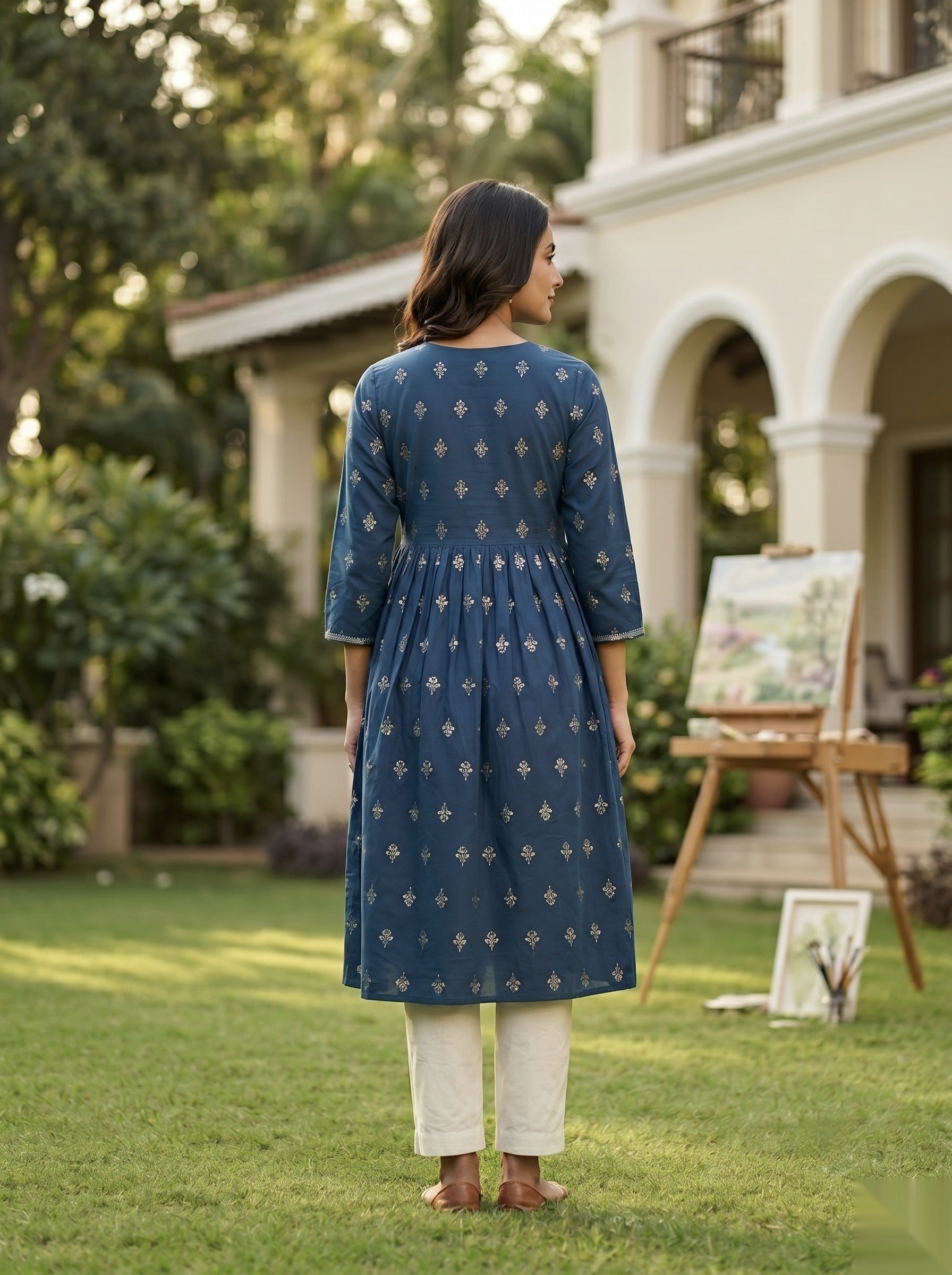 Cross Design Umberlla Kurti - Deep Blue