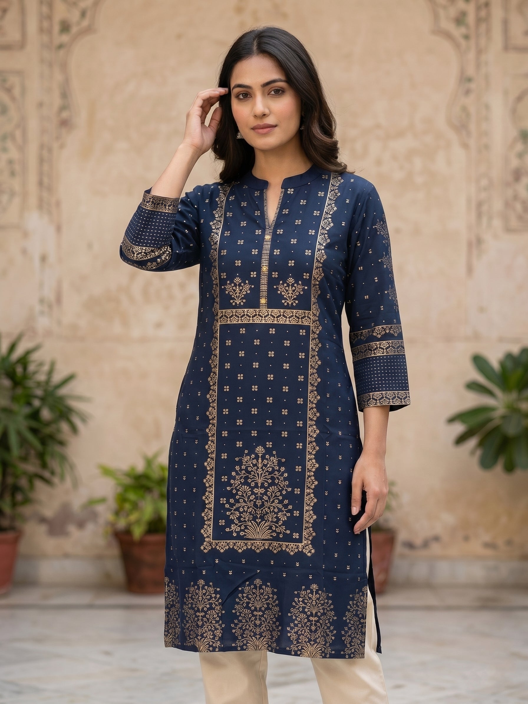 Navy Blue  Gold Border Kurti