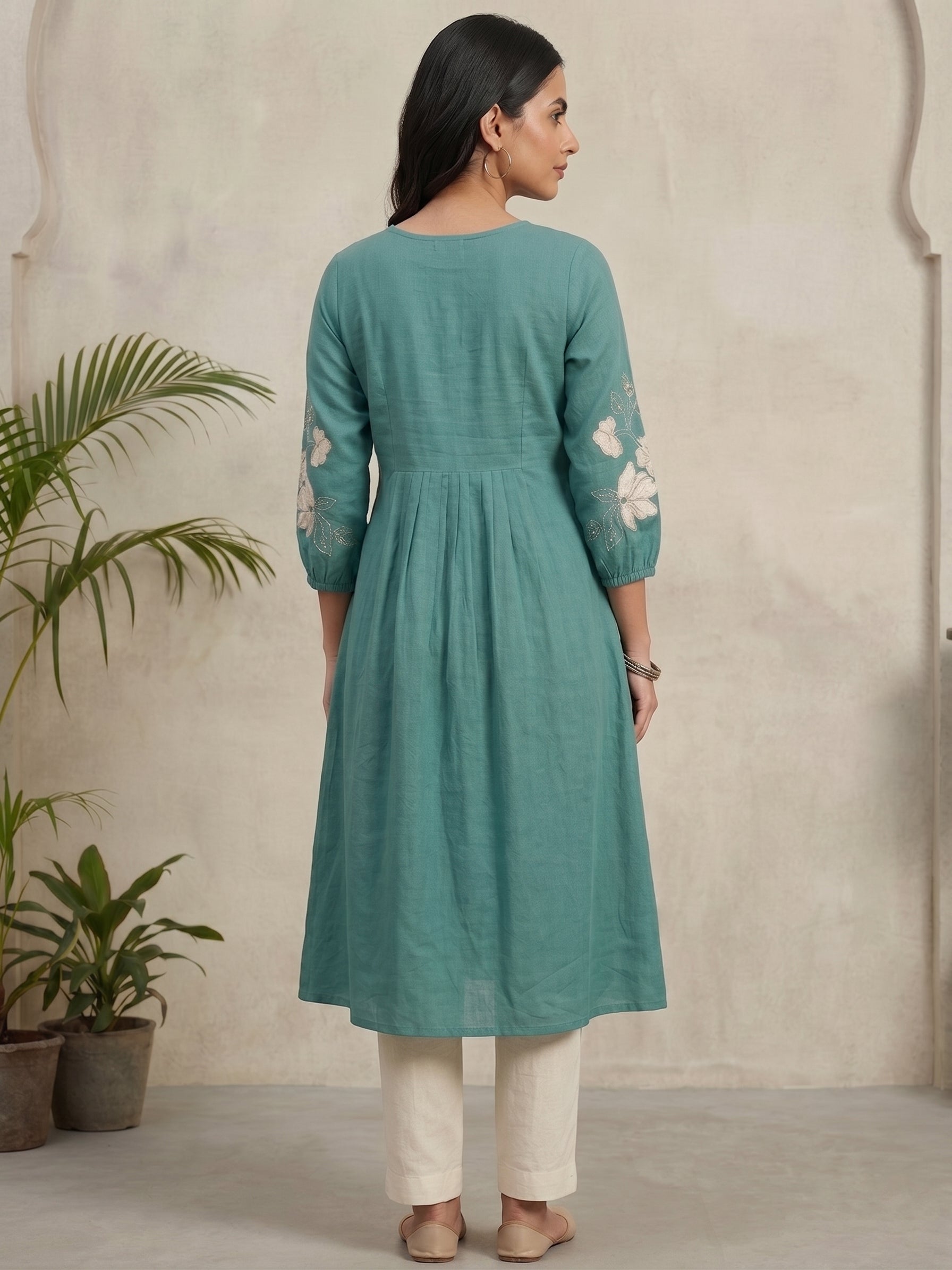Aqua Blue Hand Embroidery Kurti