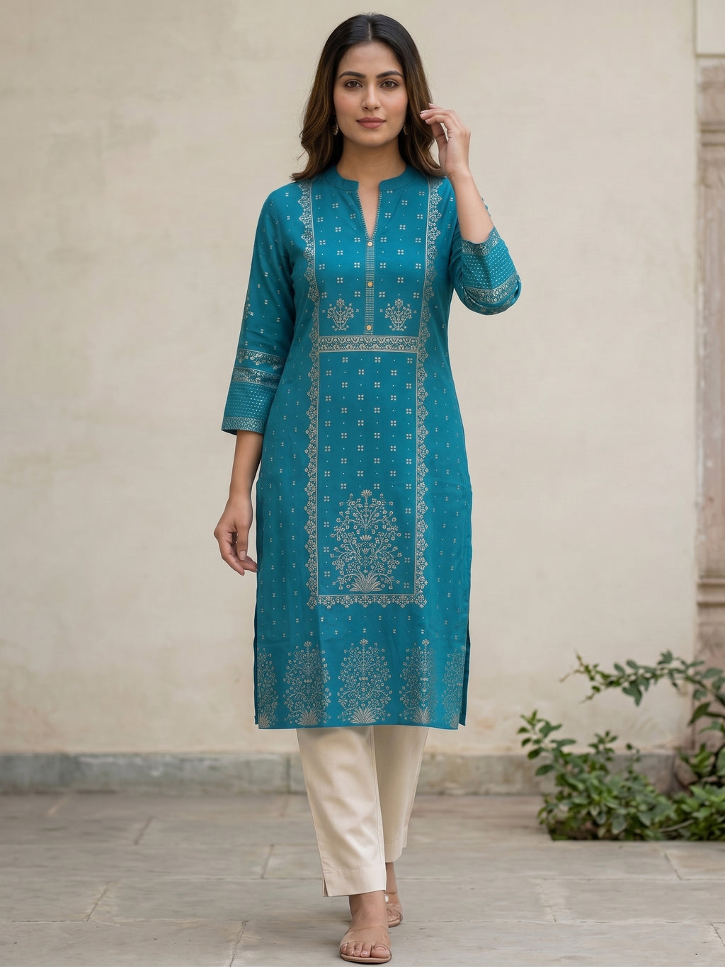 Blue Gold Border Kurti