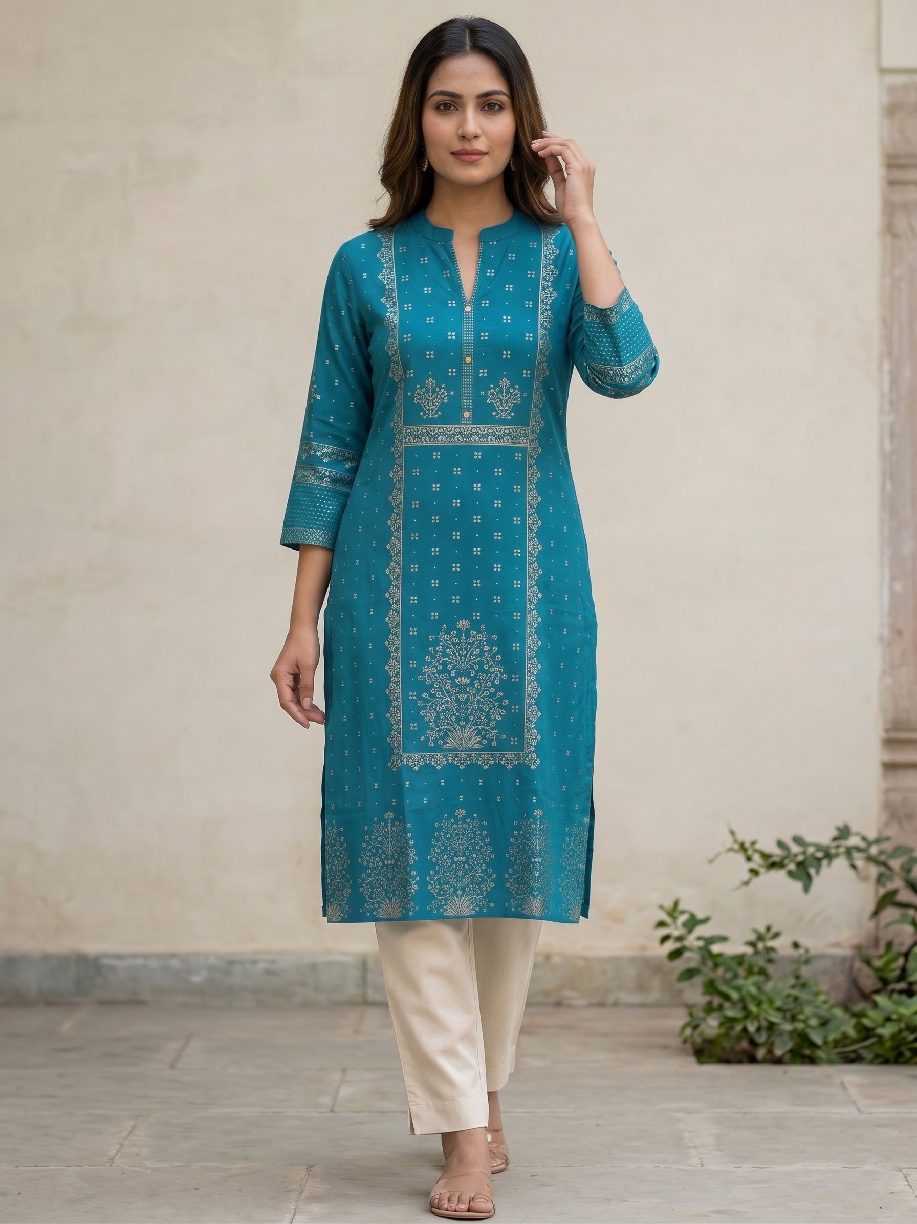 Blue Gold Border Kurti