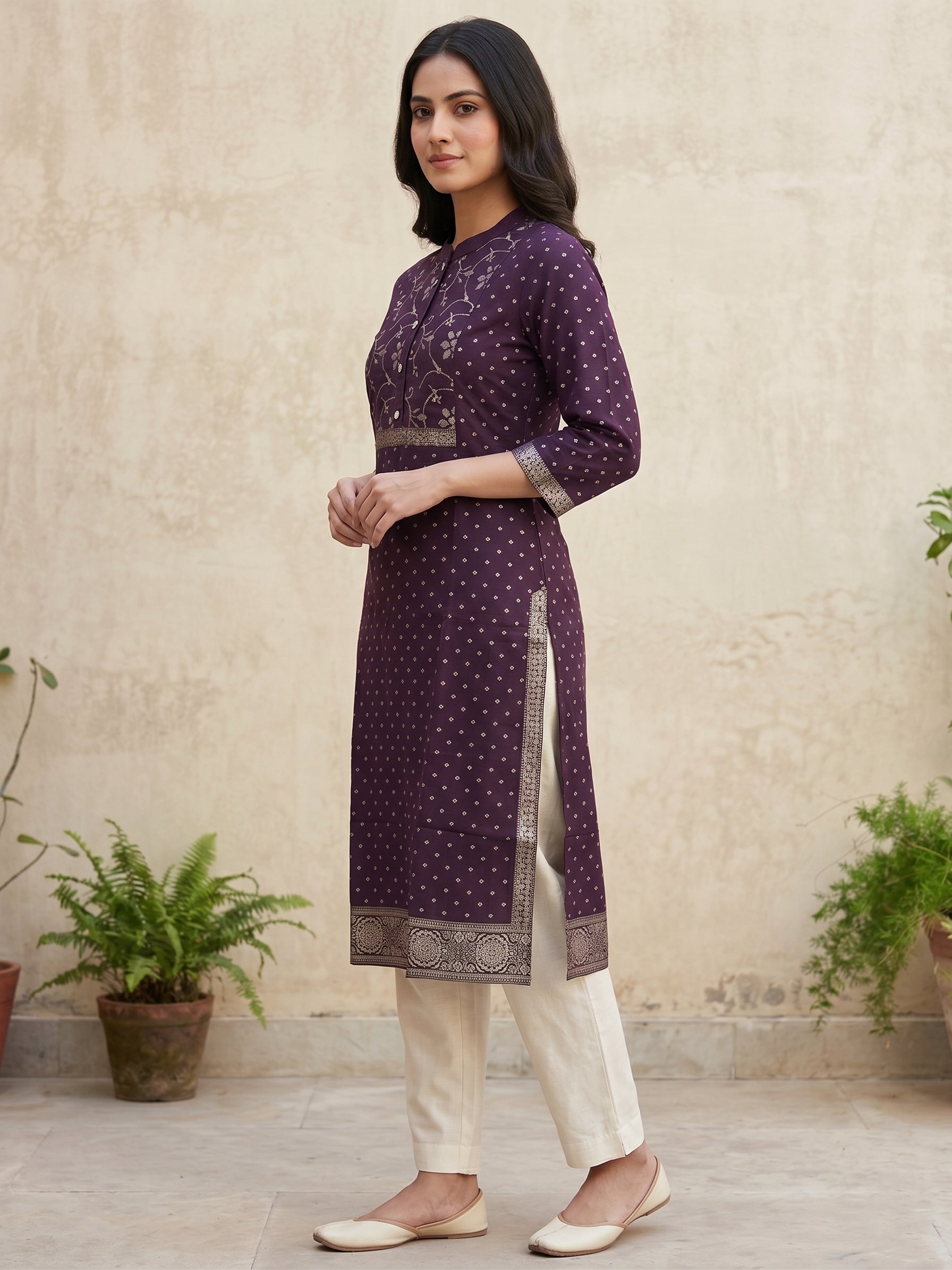 Purple Gold Border Kurti