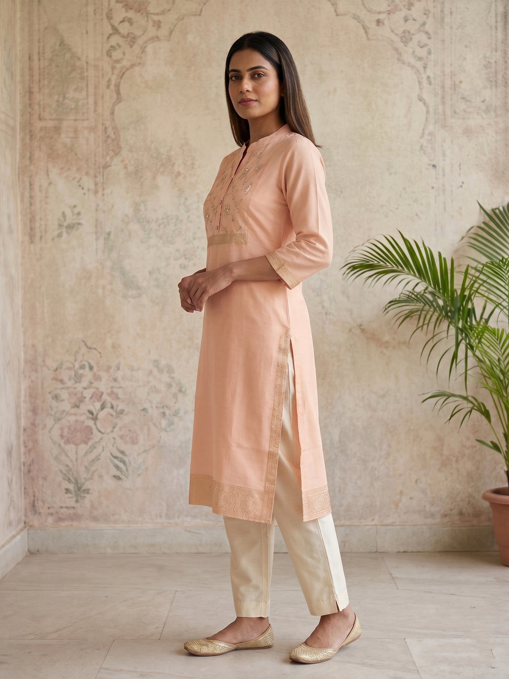 Pink Gold Border Kurti