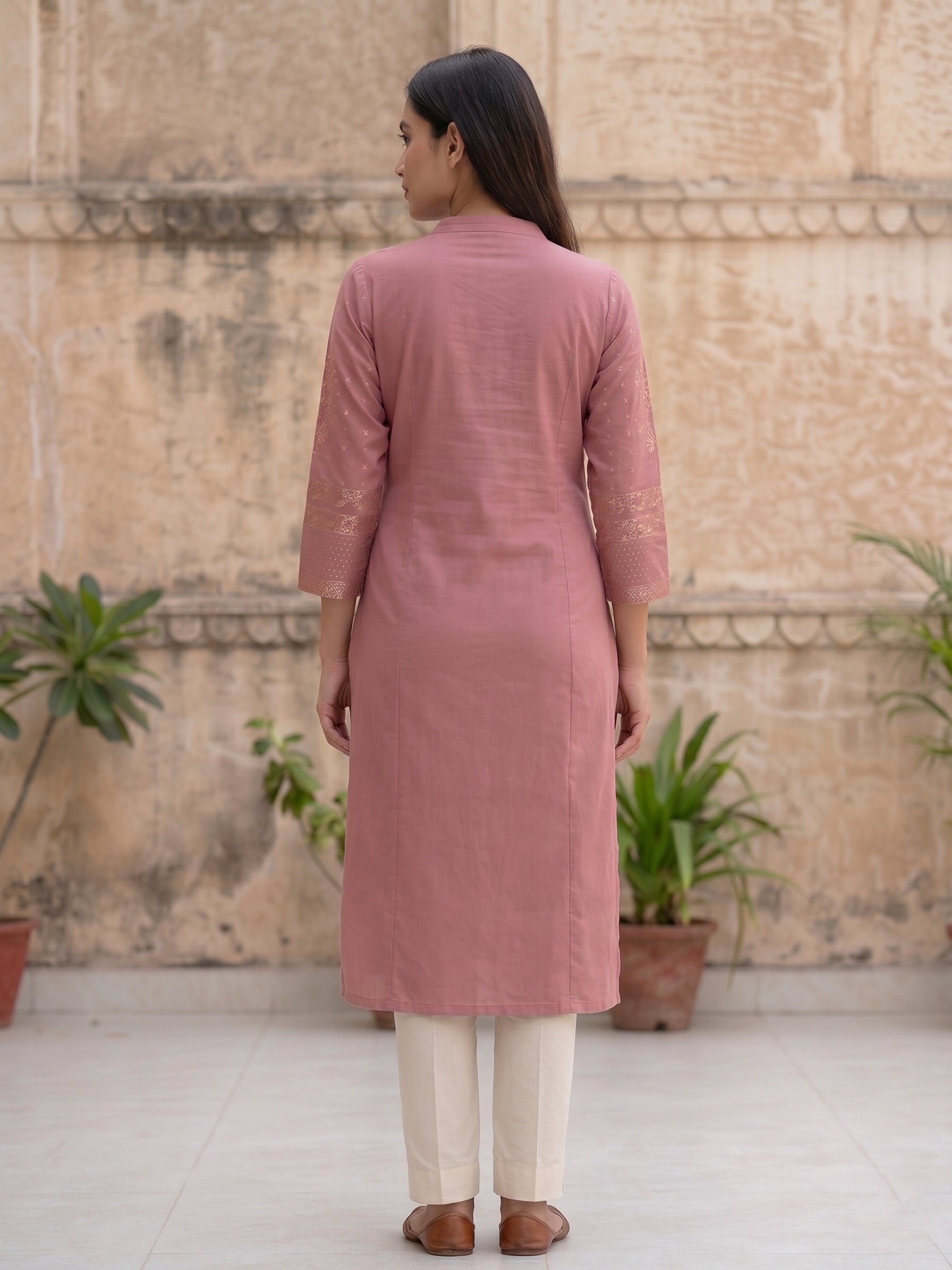 Pink Gold Border Kurti