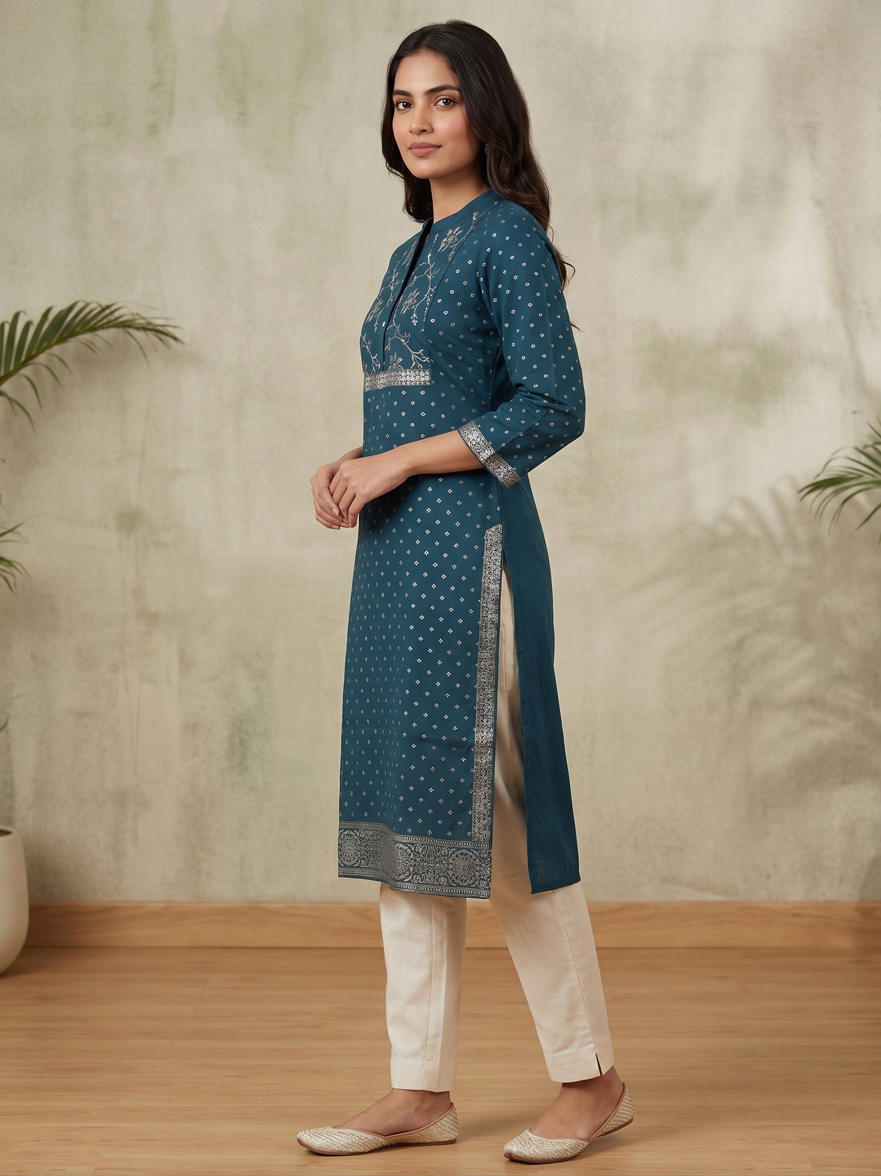 Blue Gold Border Kurti