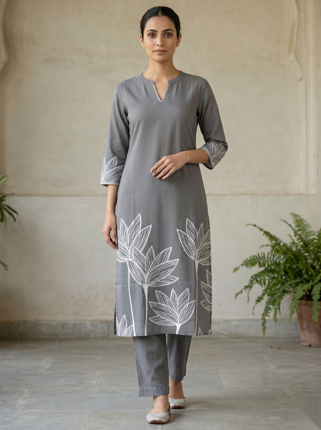 Grey - White Printed Long Top Kurti