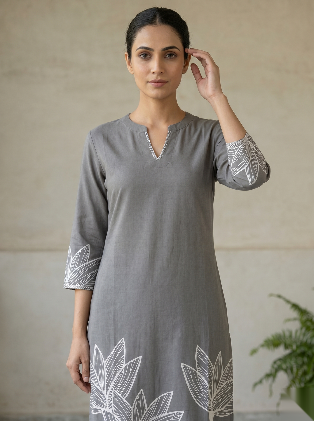 Grey - White Printed Long Top Kurti