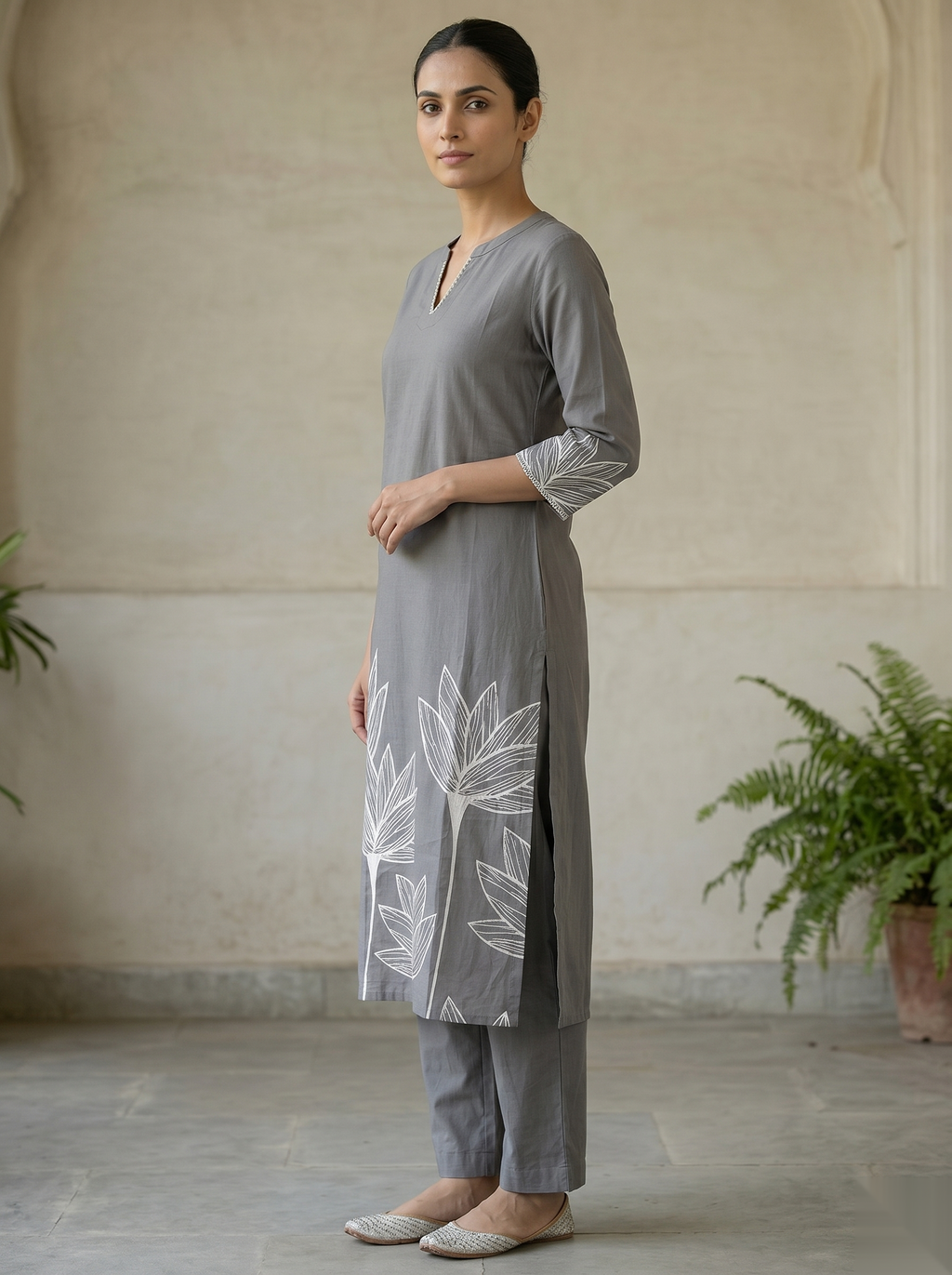 Grey - White Printed Long Top Kurti