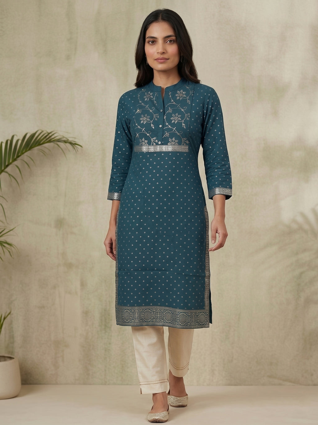 Blue Gold Border Kurti
