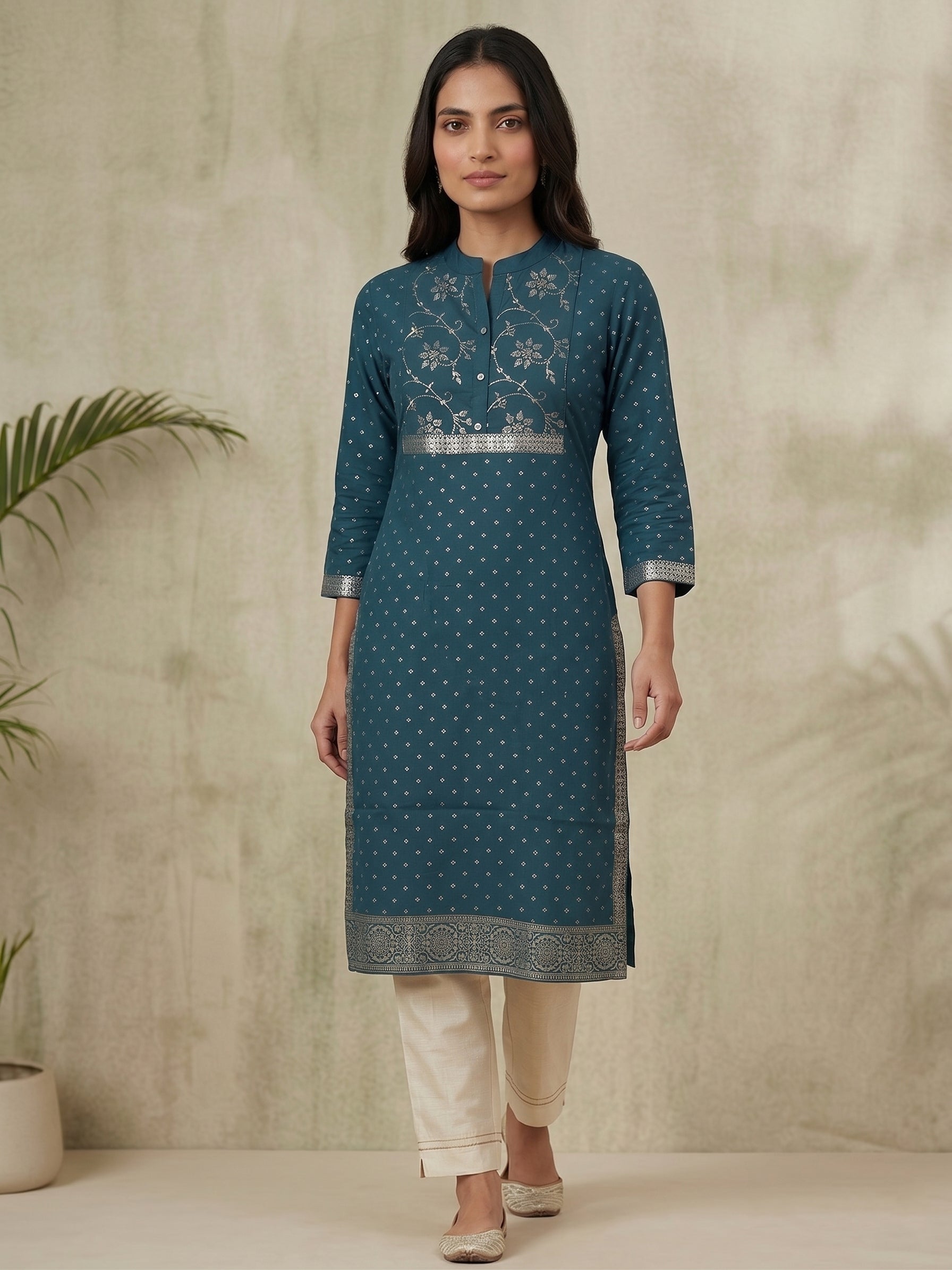 Blue Gold Border Kurti