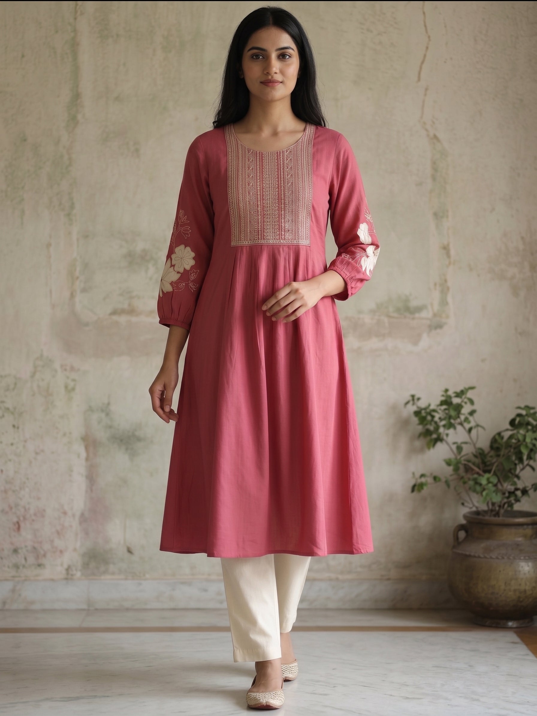 Dark Pink Hand Embroidery kurti