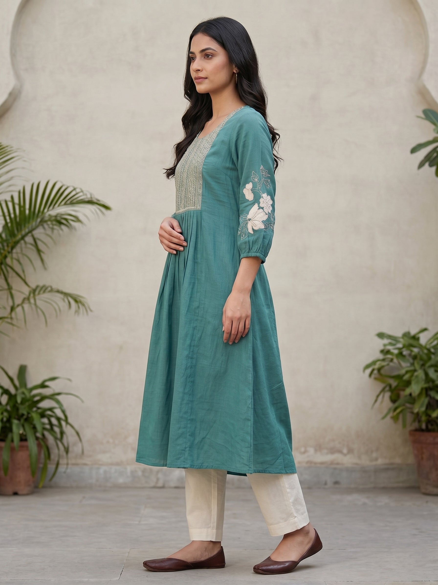 Aqua Blue Hand Embroidery Kurti