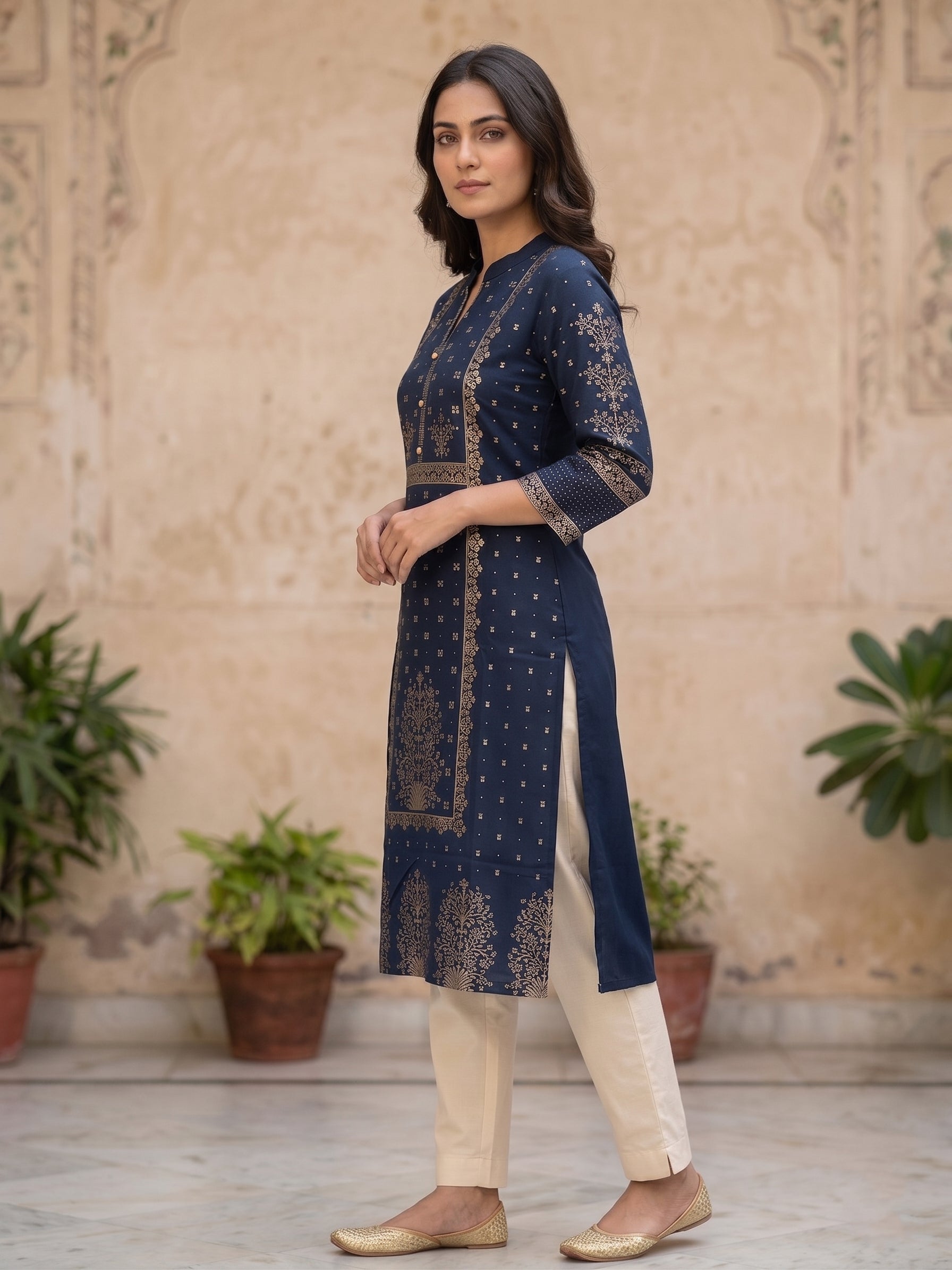 Navy Blue  Gold Border Kurti