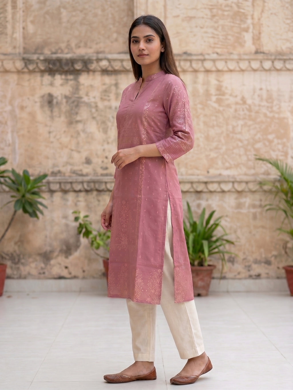 Pink Gold Border Kurti