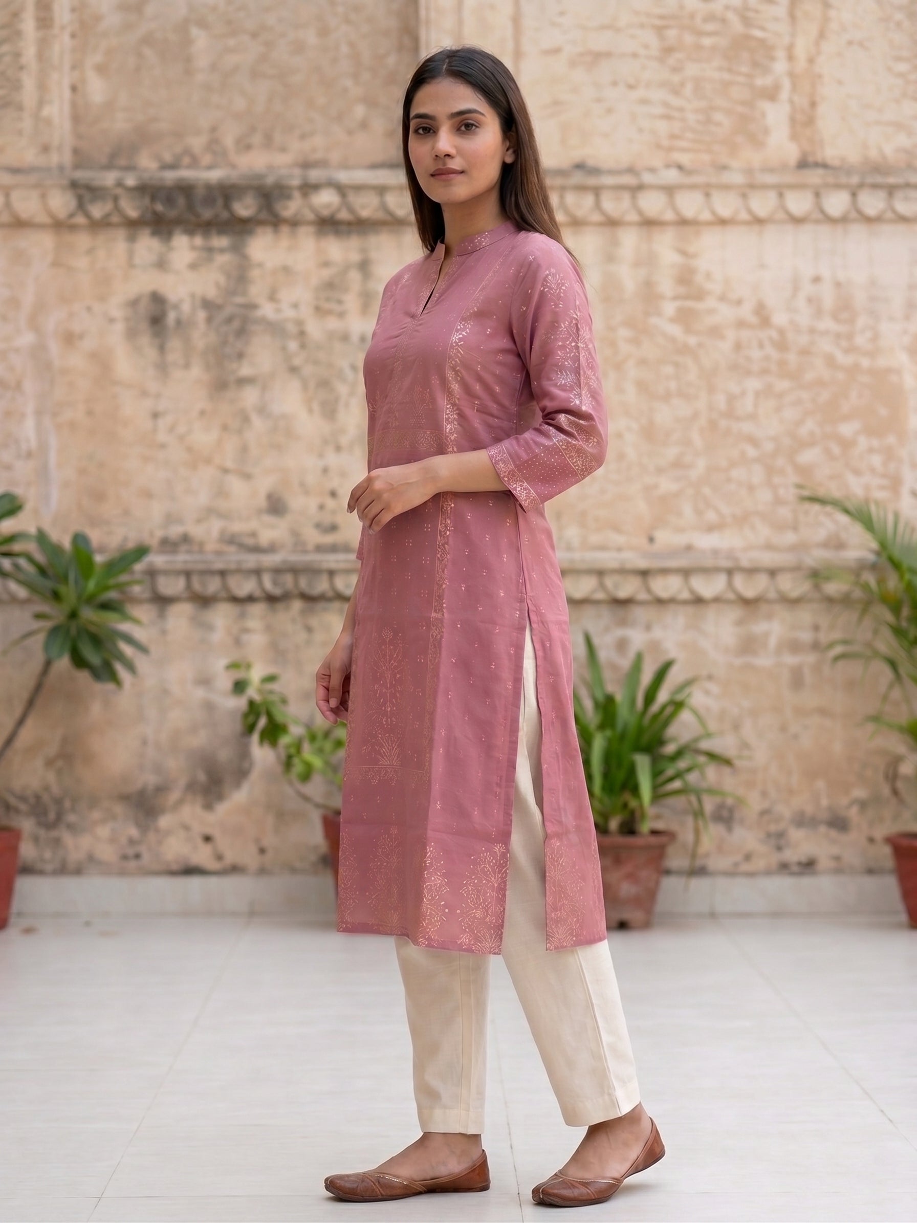 Pink Gold Border Kurti