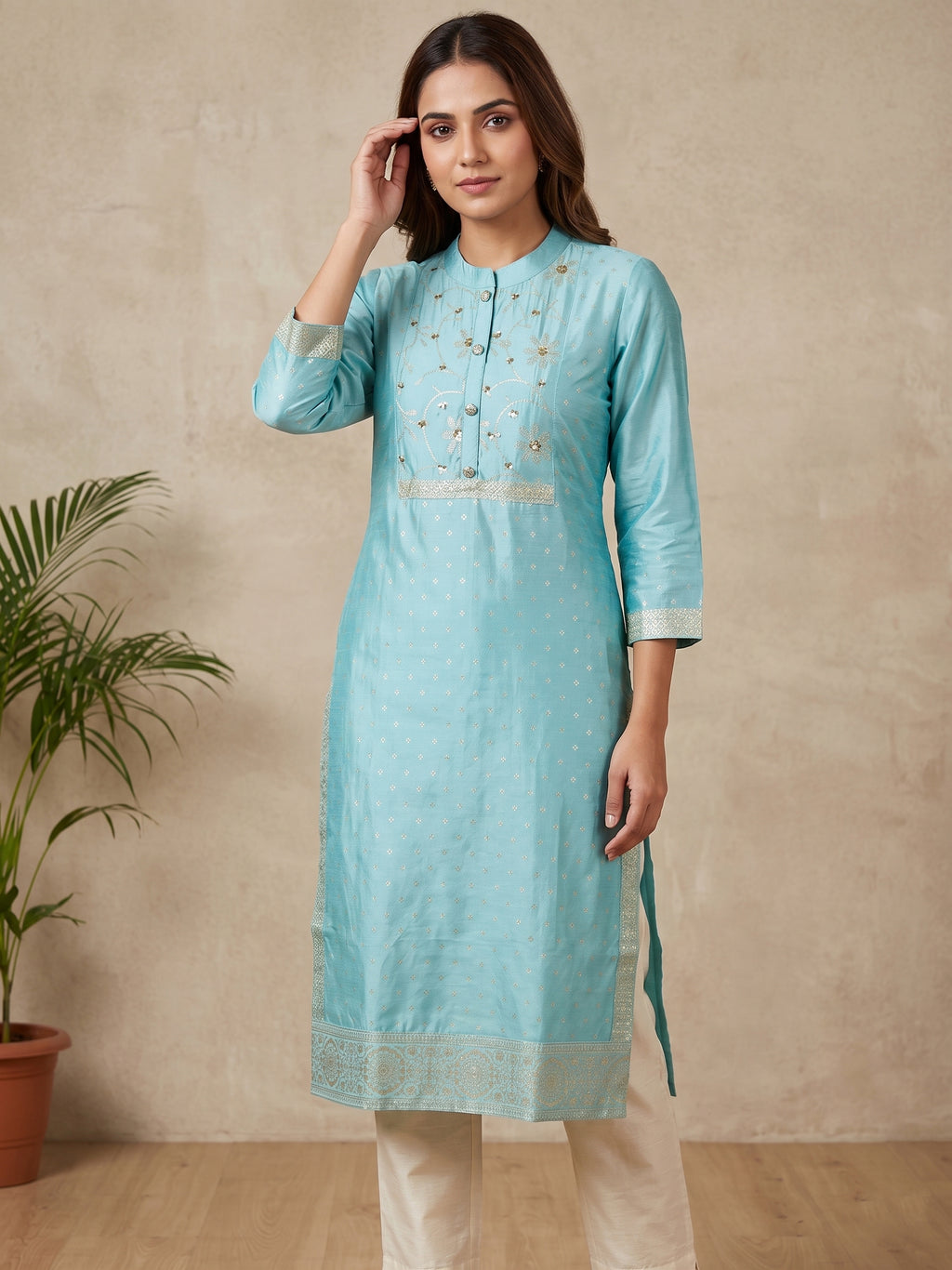 Blue Gold Border Kurti
