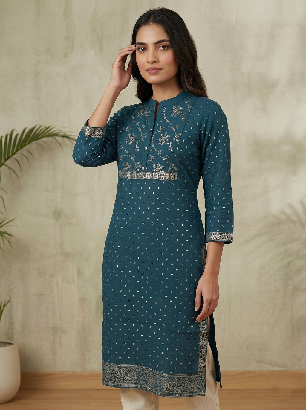 Blue Gold Border Kurti