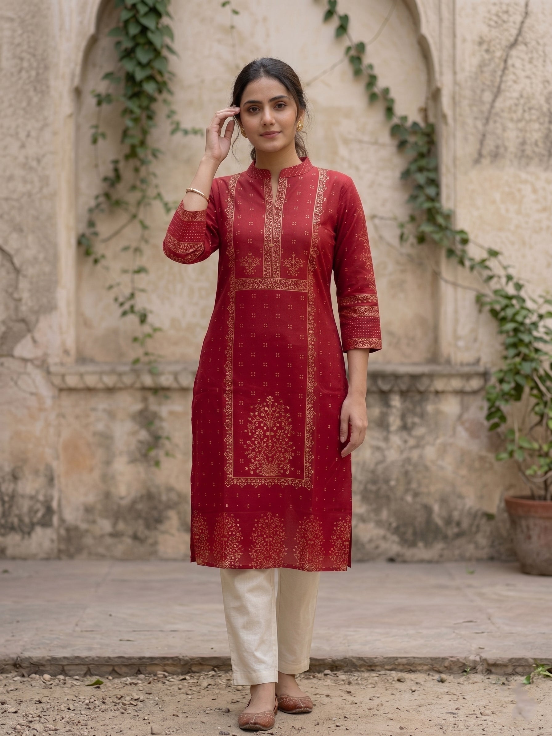 Red Gold Border Kurti