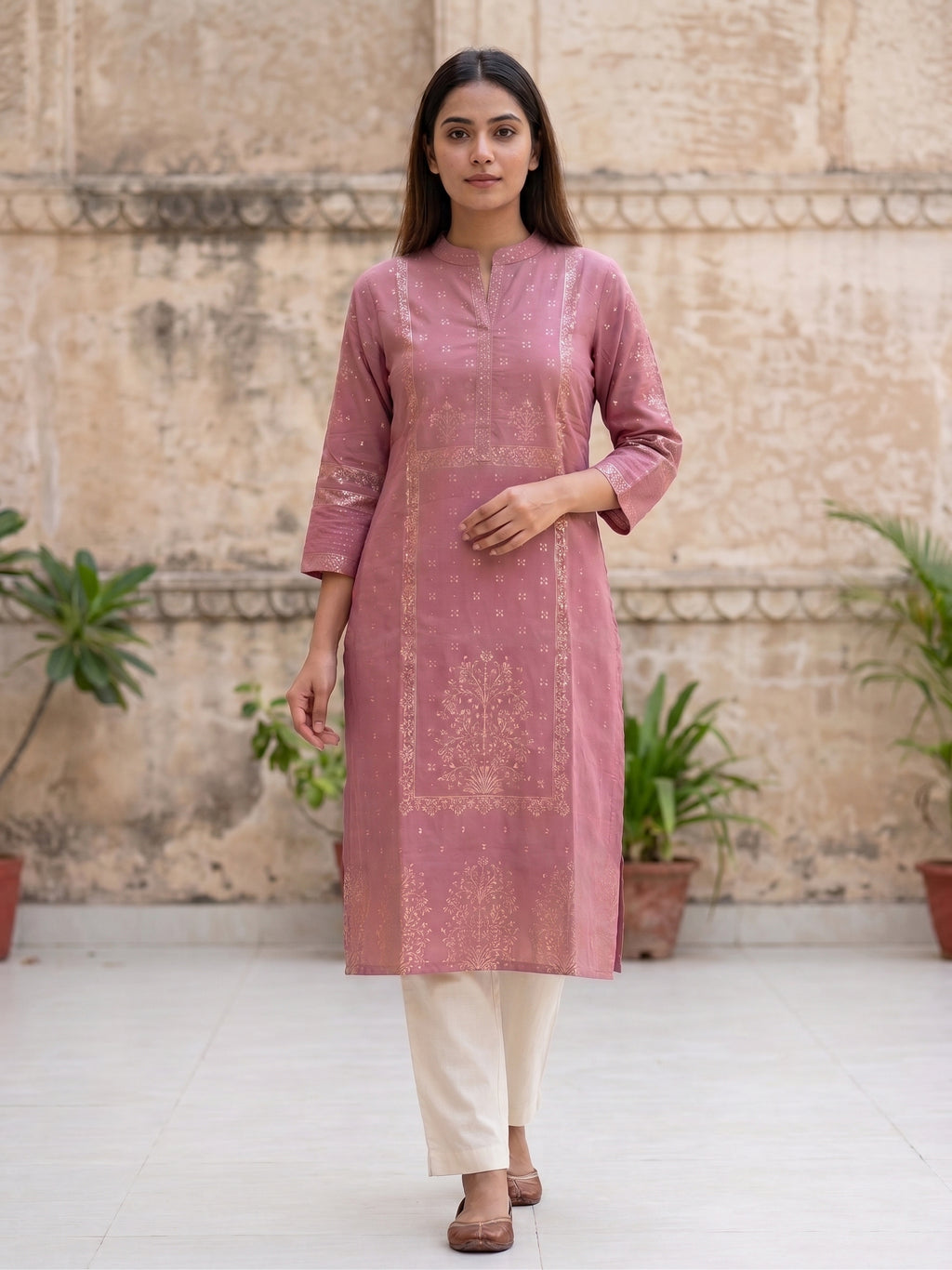 Pink Gold Border Kurti