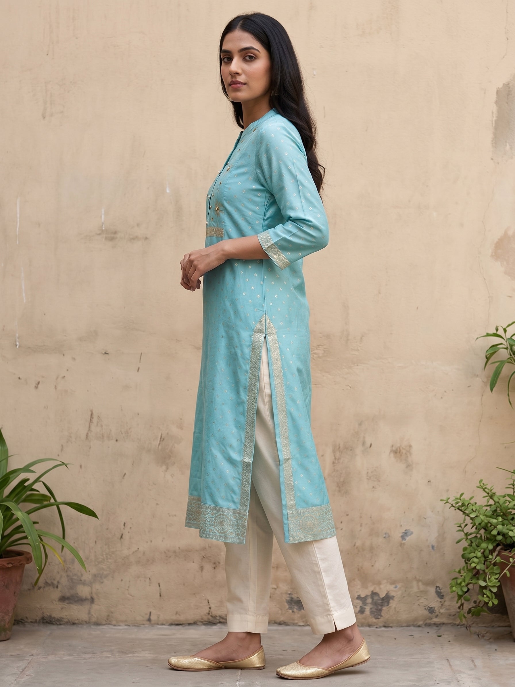 Blue Gold Border Kurti