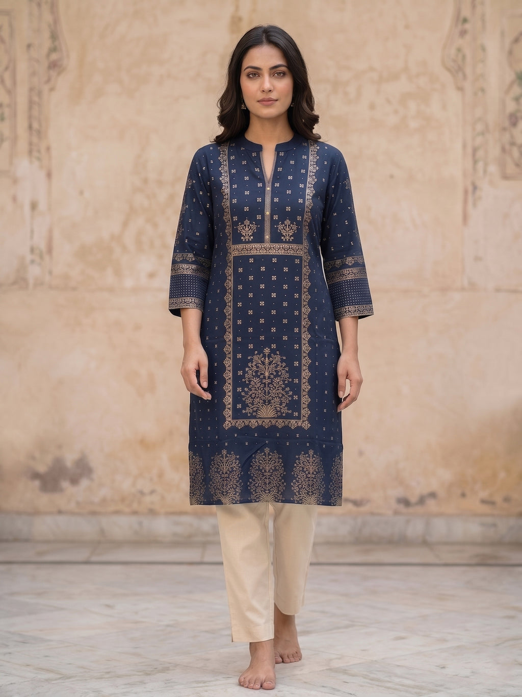 Navy Blue  Gold Border Kurti