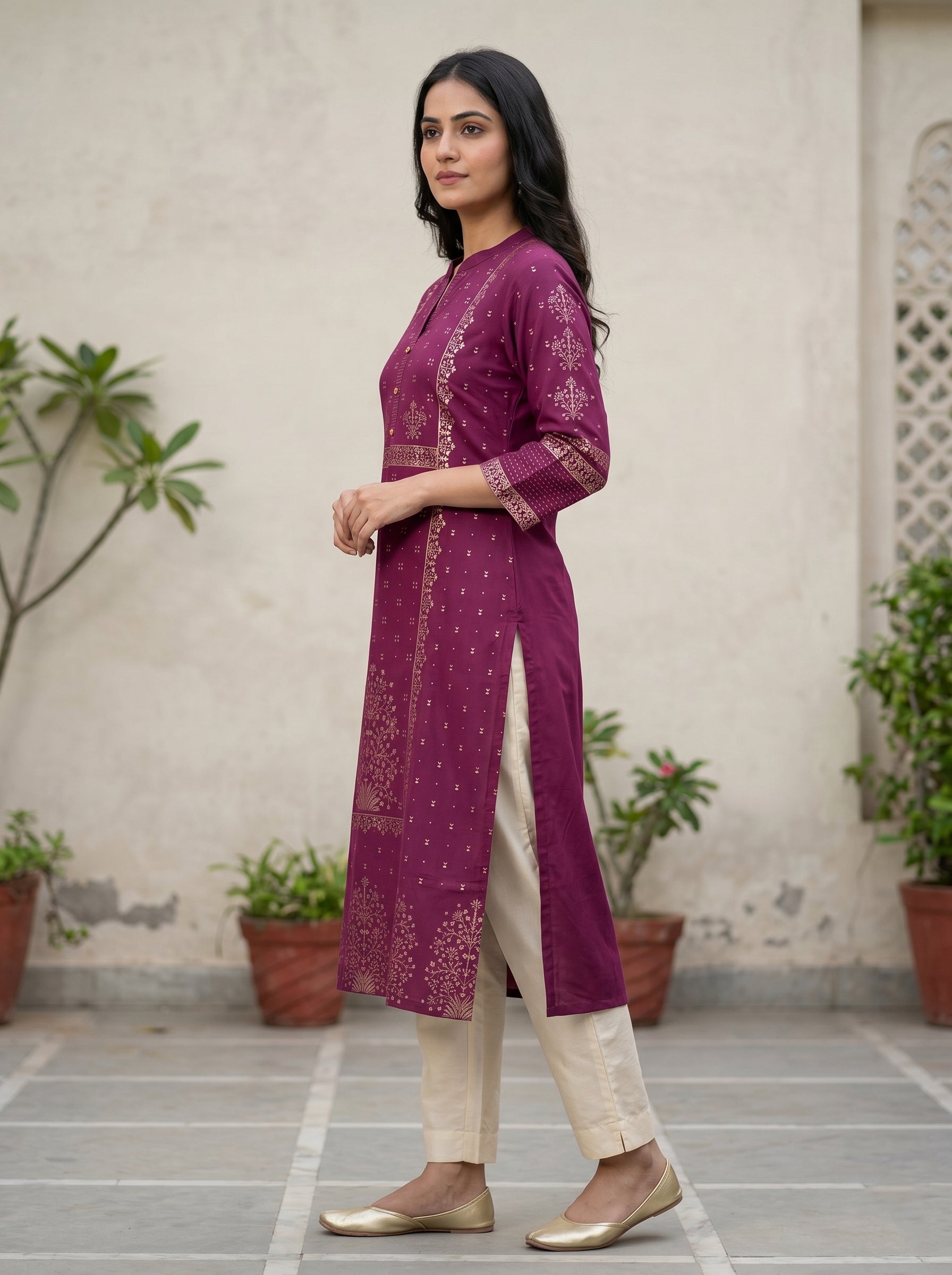 Purple Gold Border Kurti