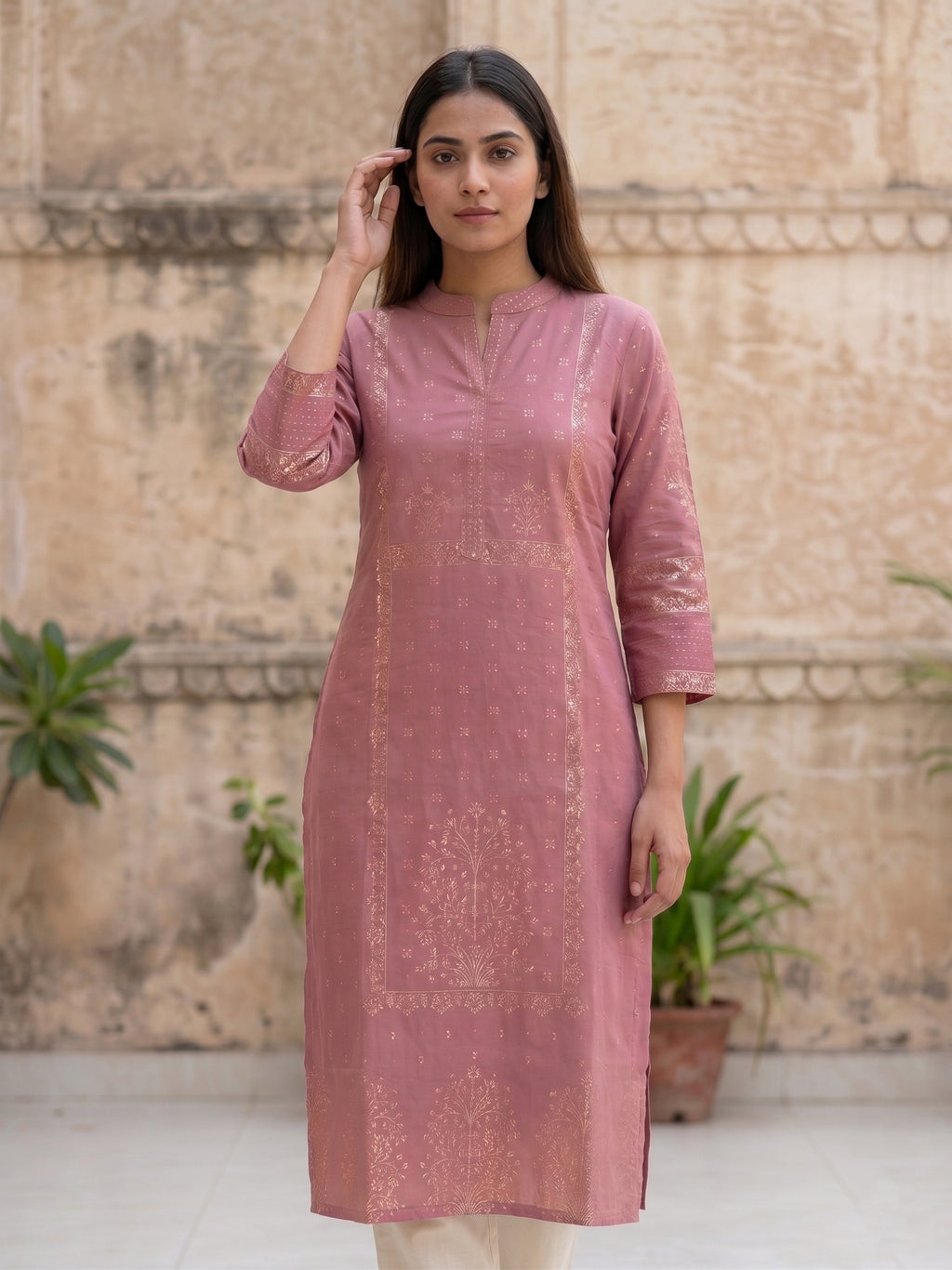 Pink Gold Border Kurti