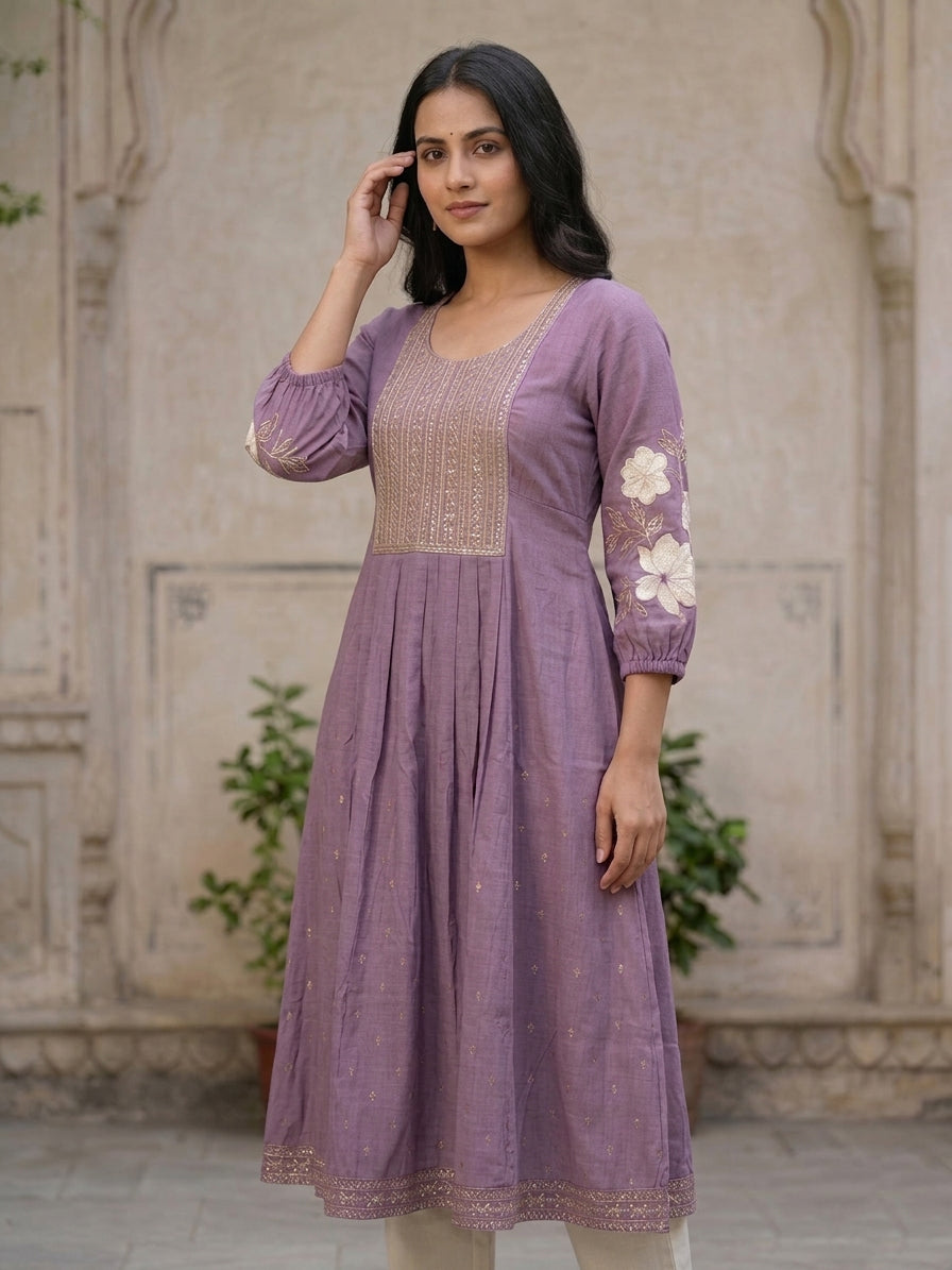 Lavender Hand Embroidery kurti