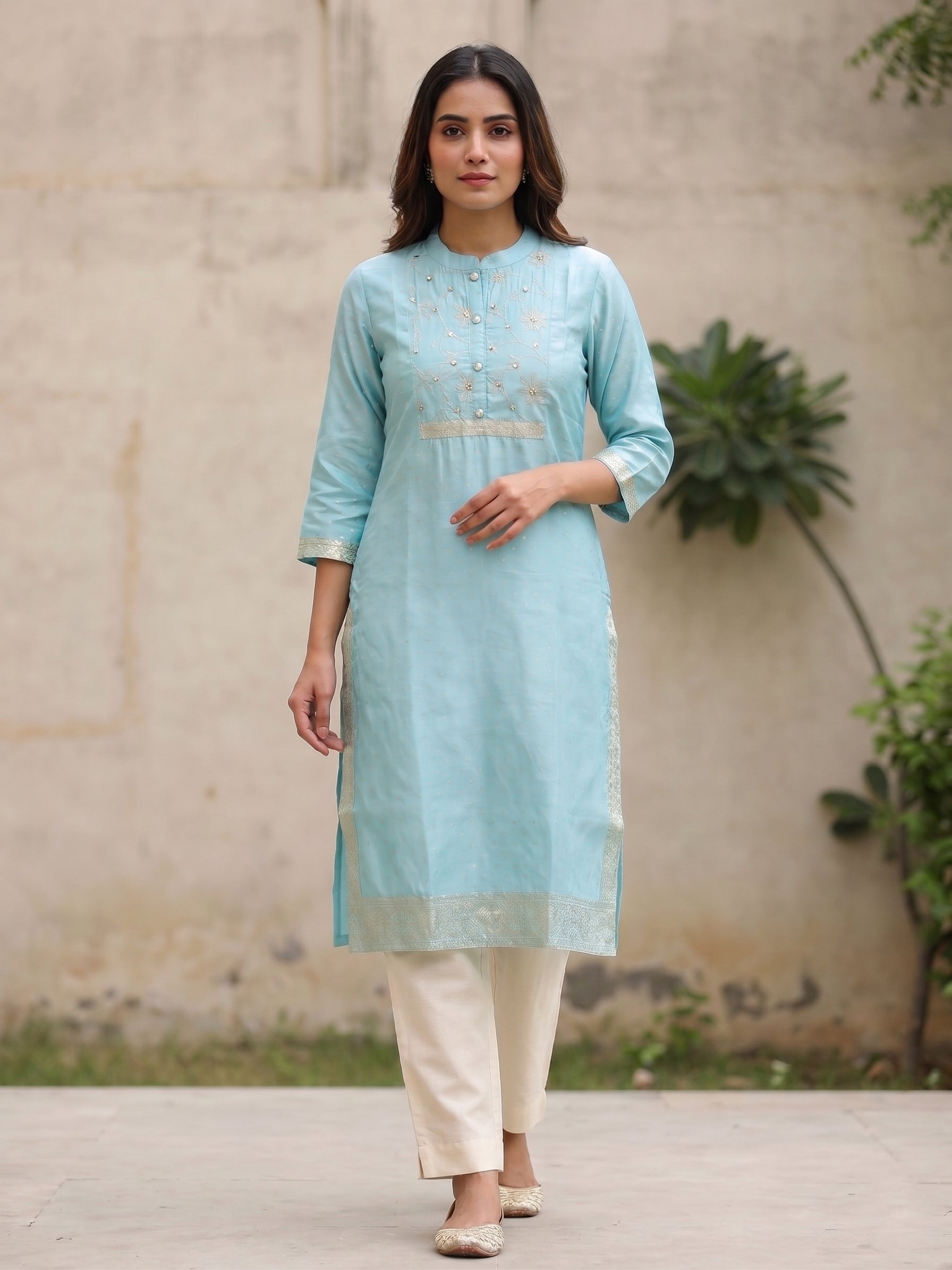 Blue Gold Border Kurti