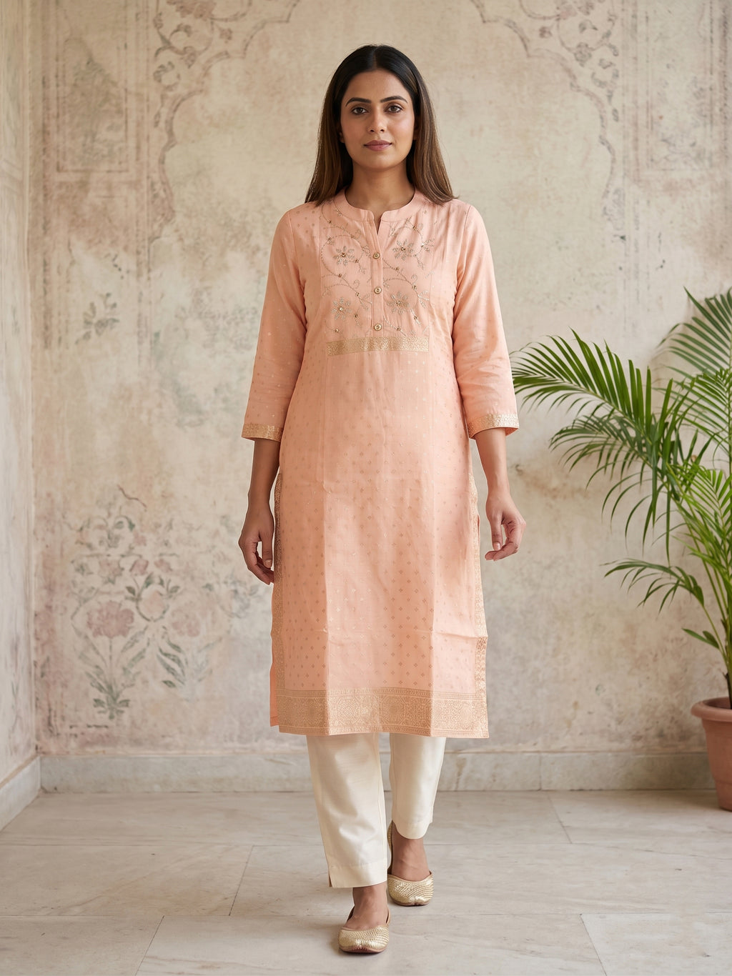 Pink Gold Border Kurti