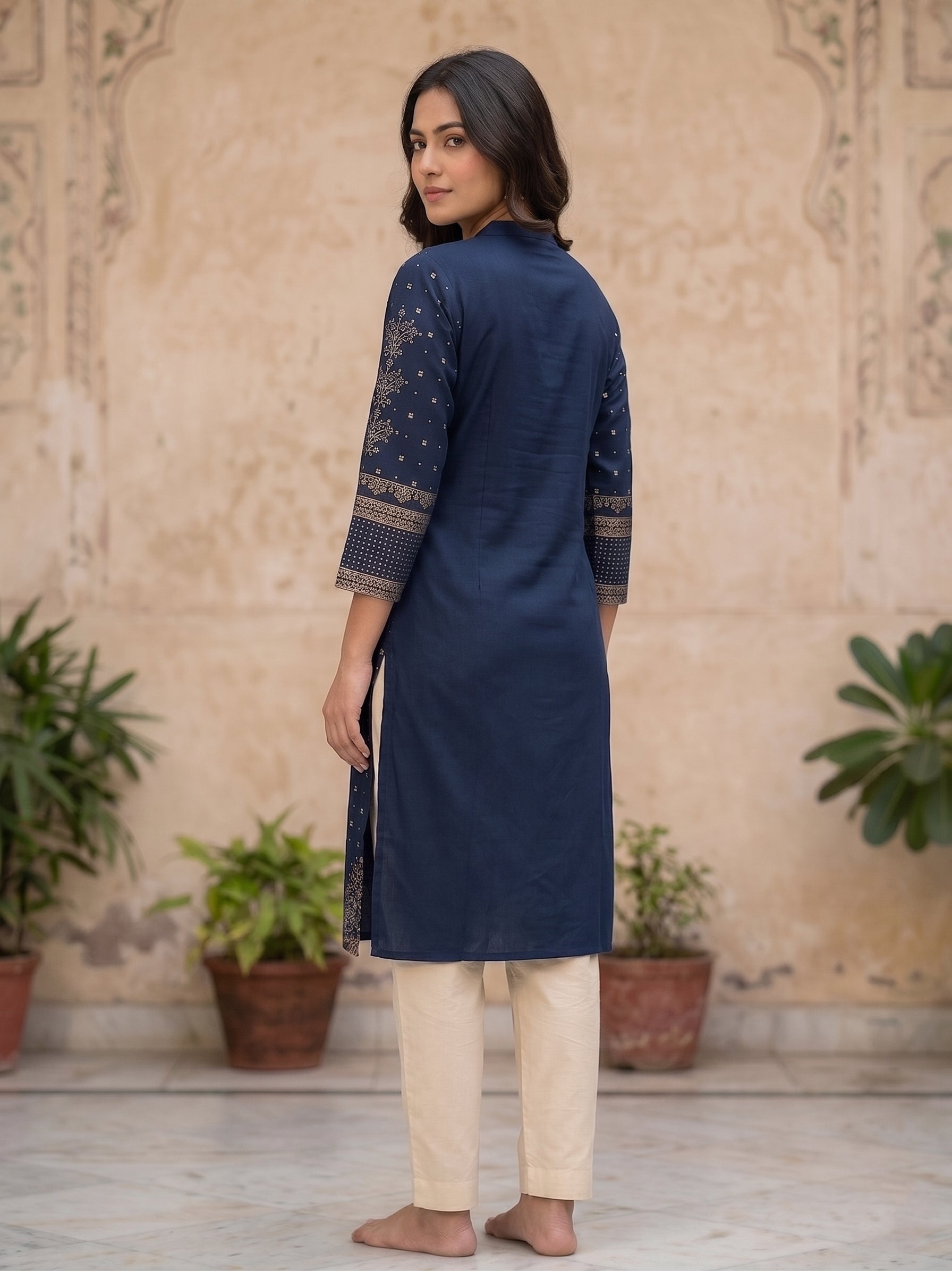 Navy Blue  Gold Border Kurti