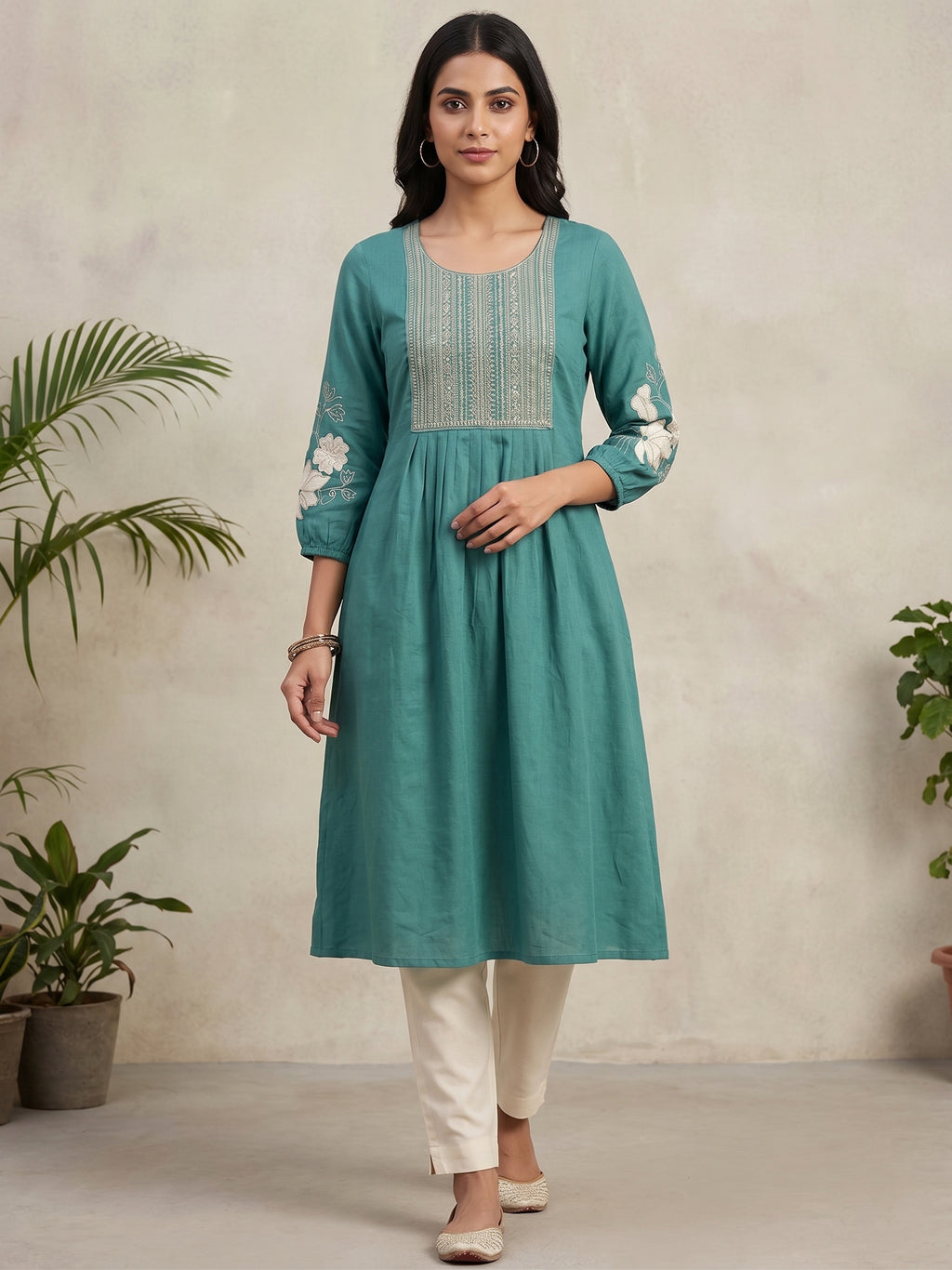 Aqua Blue Hand Embroidery Kurti