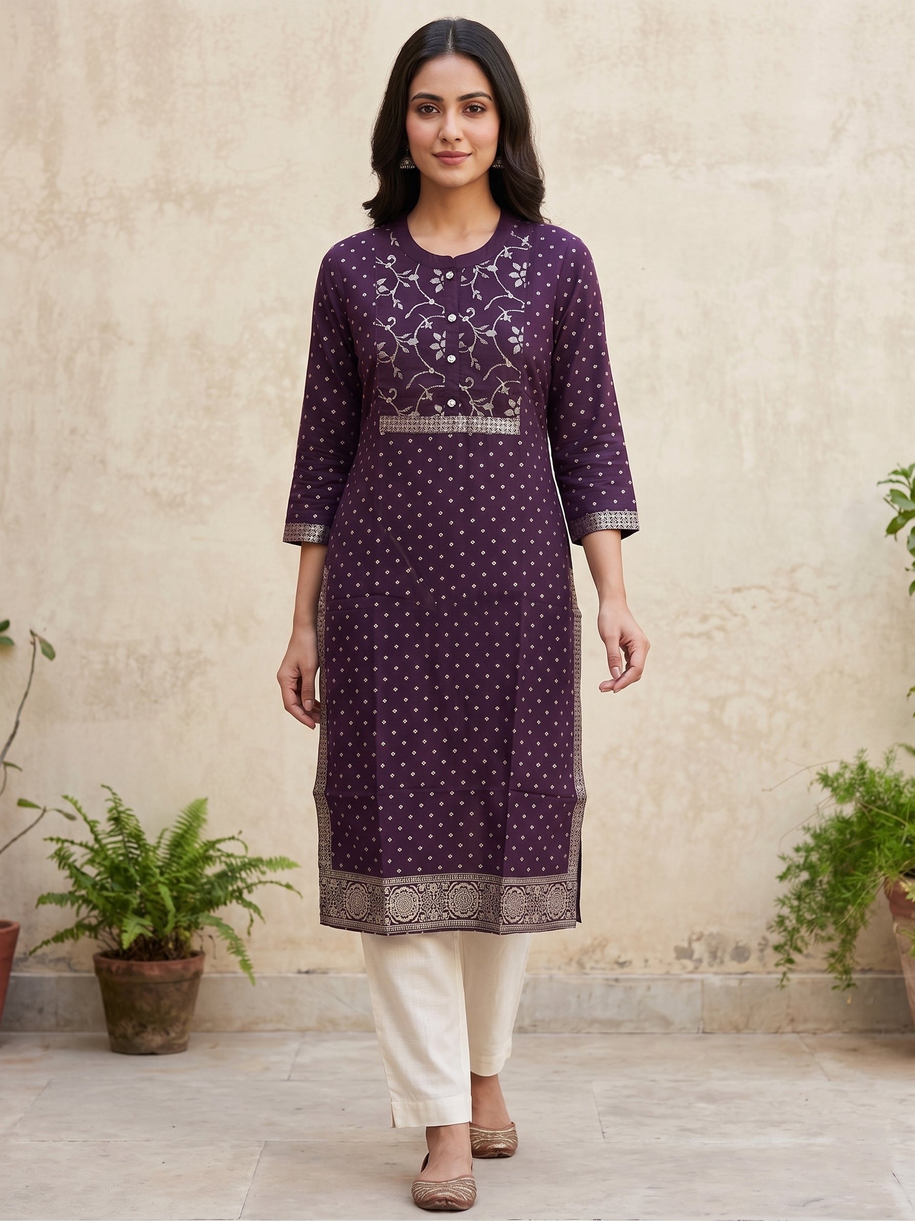 Purple Gold Border Kurti