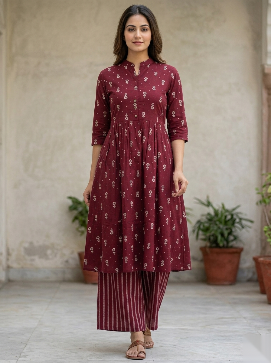 Maroon Long Top 2PC Palzo Cord Set
