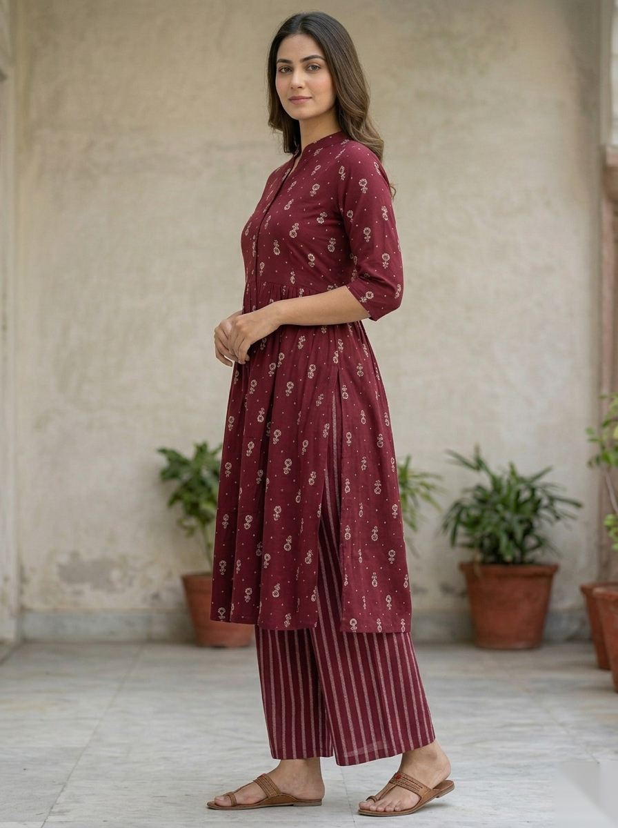 Maroon Long Top 2PC Palzo Cord Set