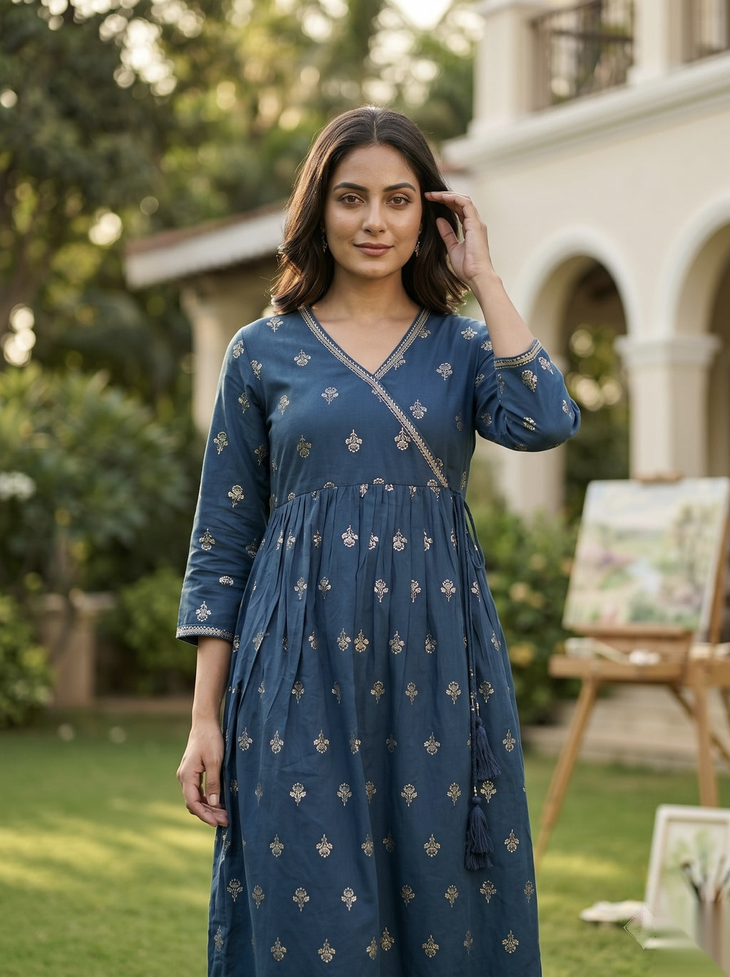 Cross Design Umberlla Kurti - Deep Blue