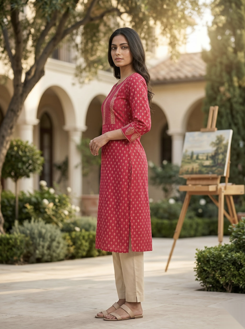 Golden Pattern kurti - Dark pink