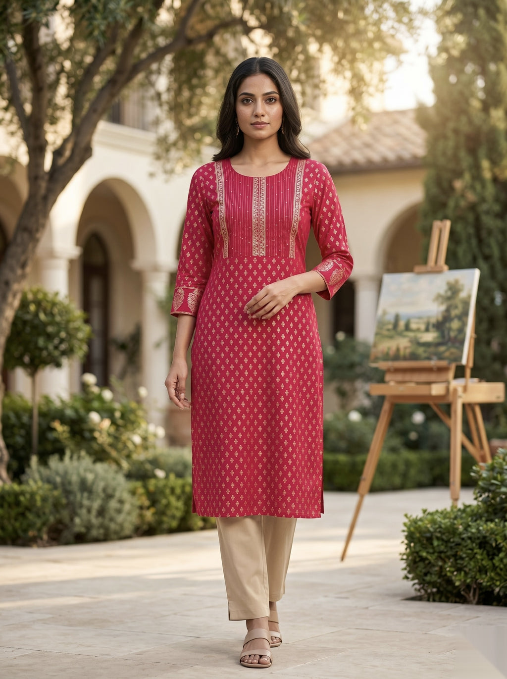 Golden Pattern kurti - Dark pink