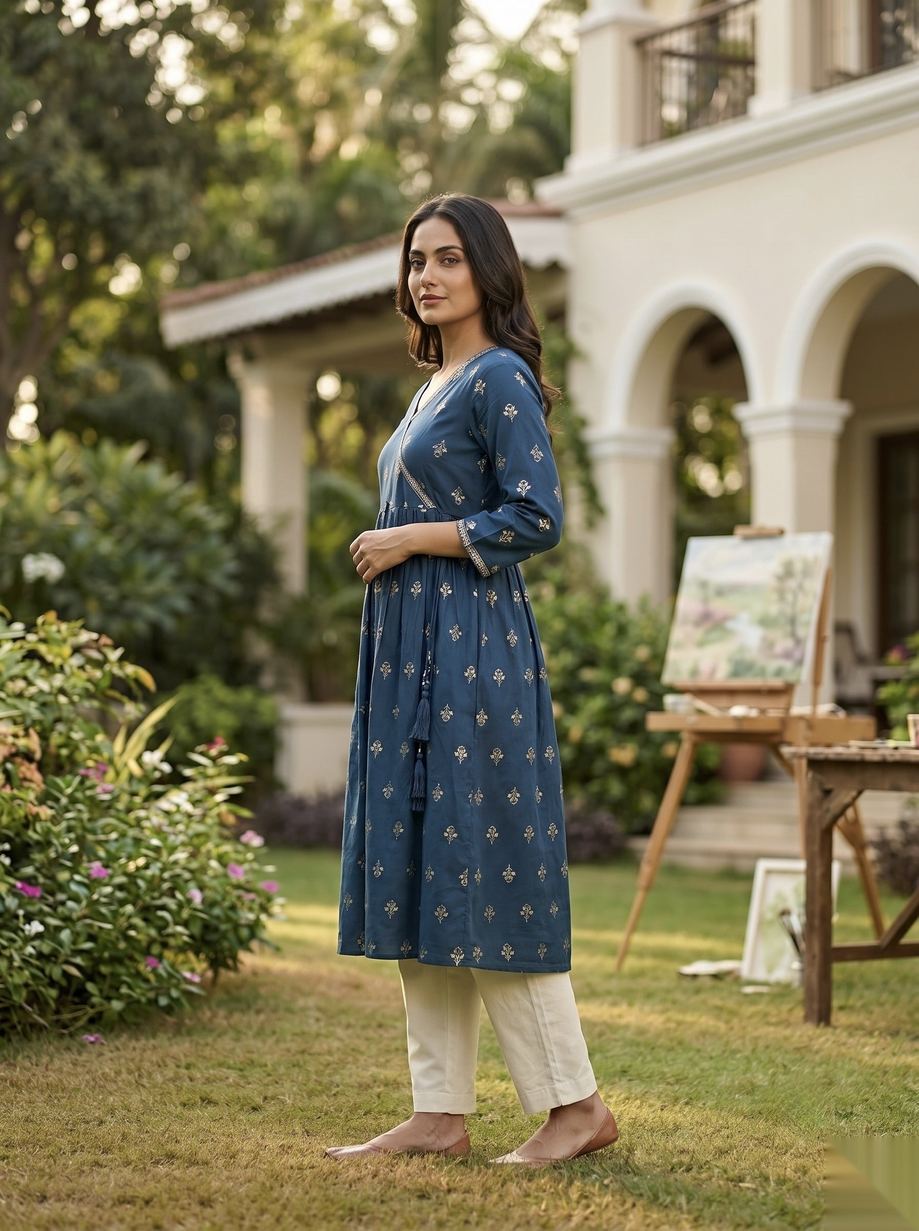Cross Design Umberlla Kurti - Deep Blue