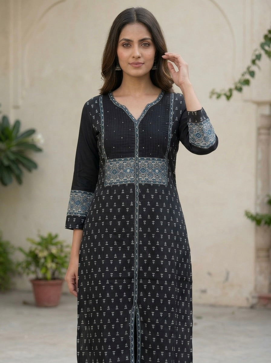 Black V NeckPrinted Kurti