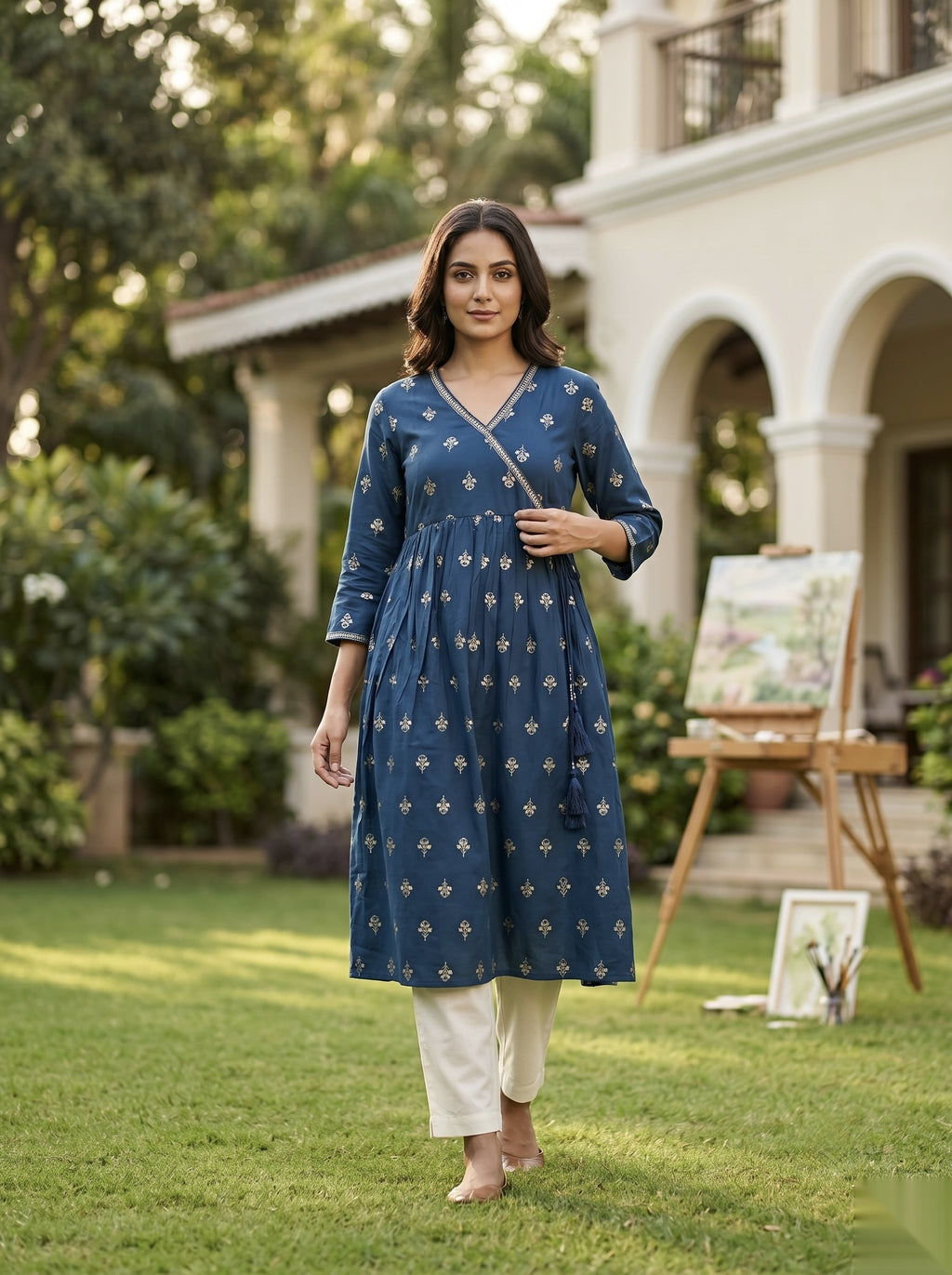 Cross Design Umberlla Kurti - Deep Blue