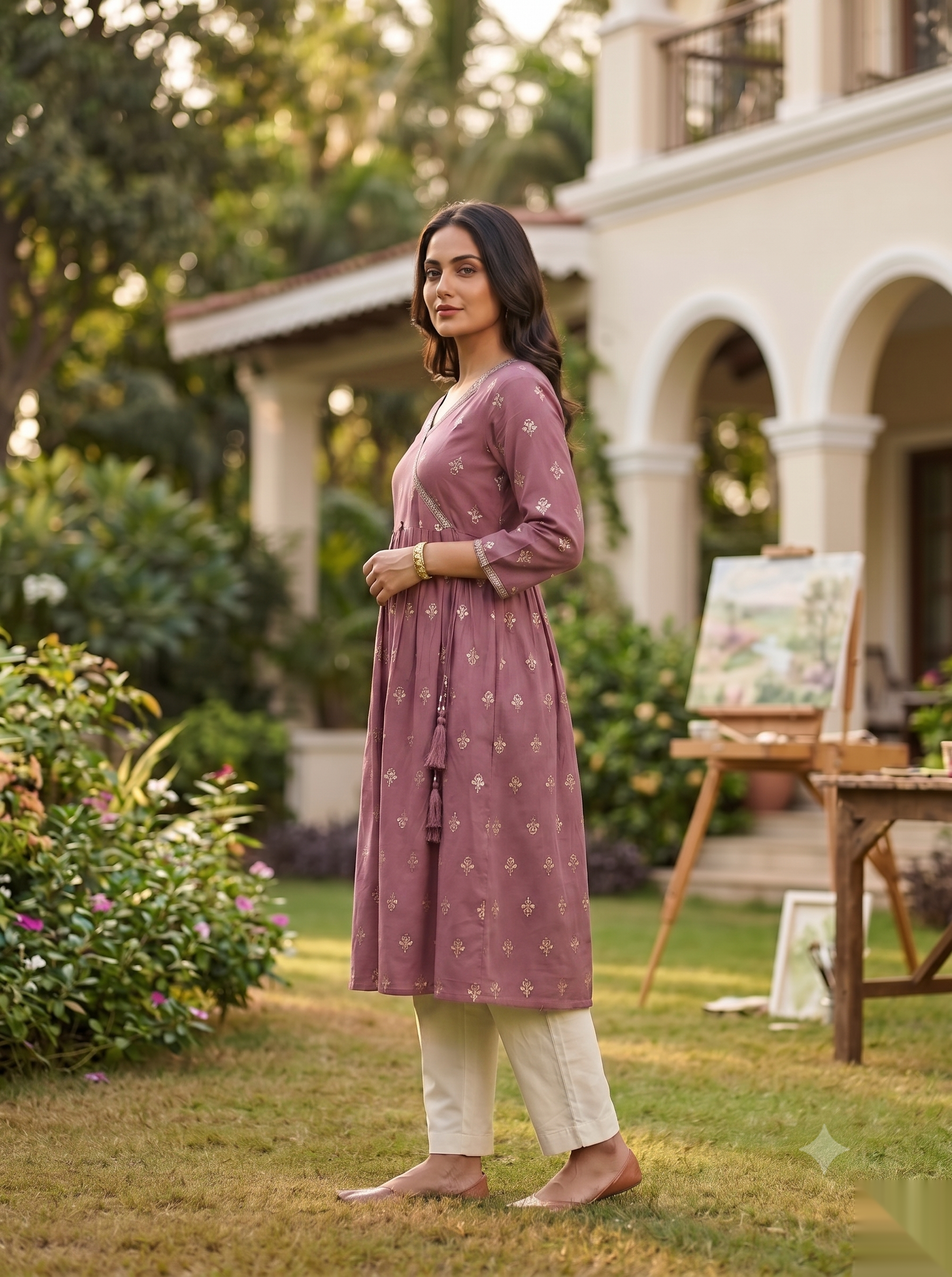 Cross Design Umberlla Kurti - Dull Pink