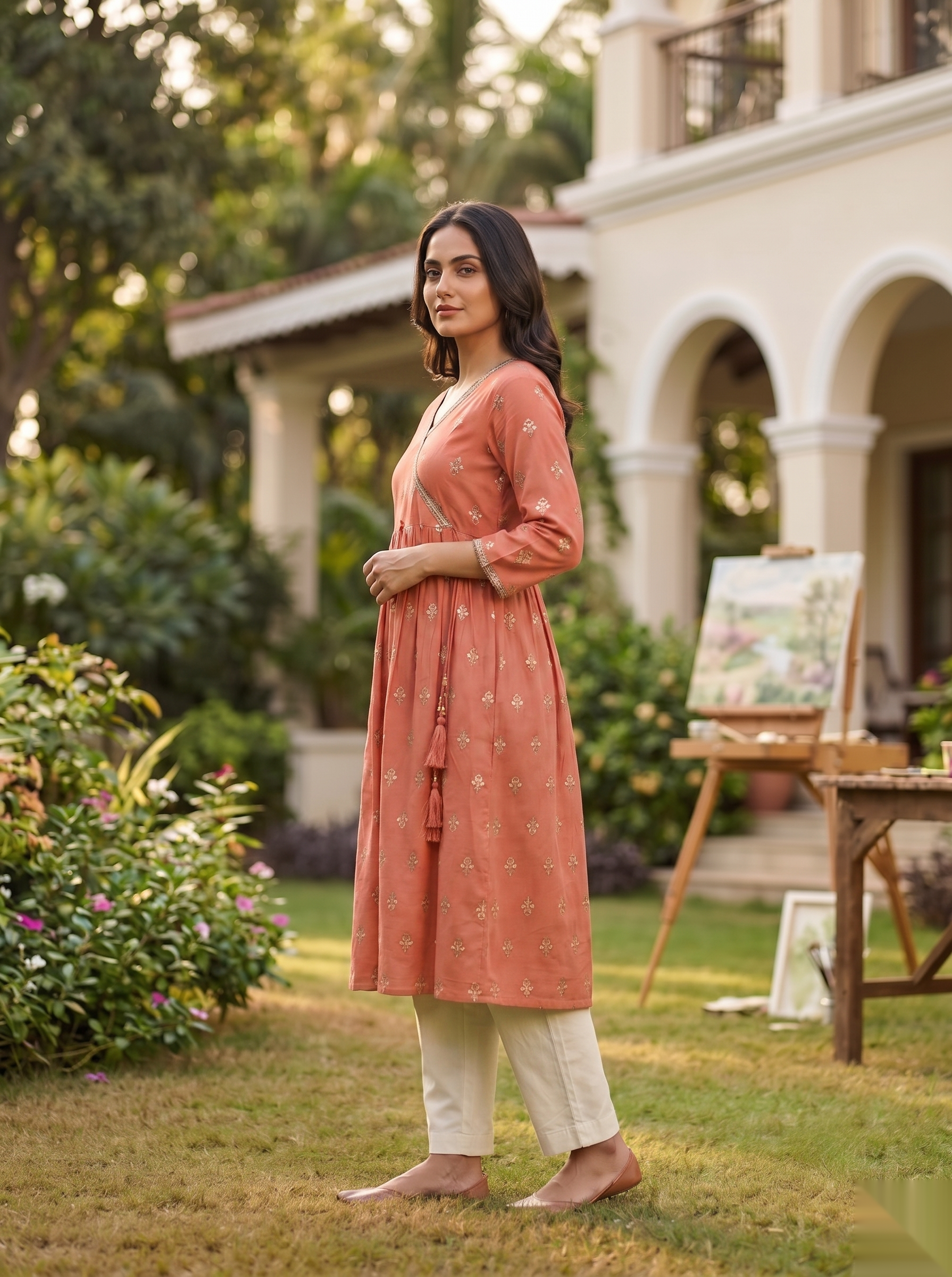 Cross Design Umberlla Kurti - Orange