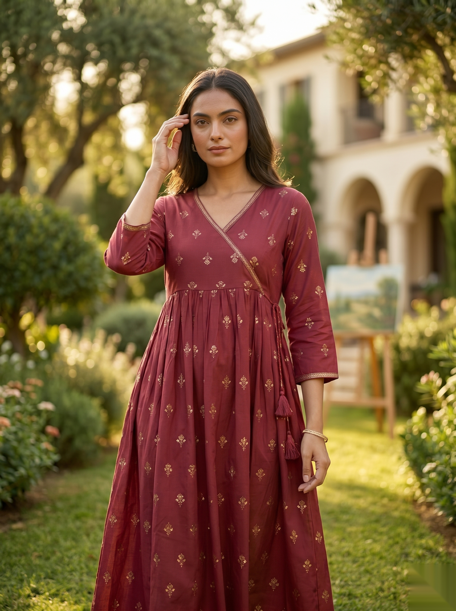 Cross Design Umberlla Kurti - Dark Red