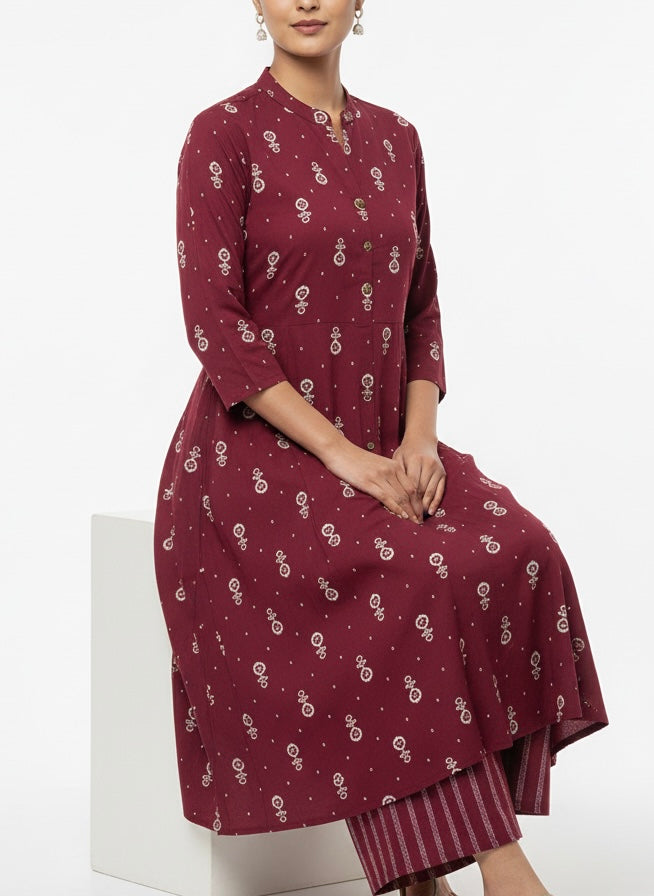 Maroon Long Top 2PC Palzo Cord Set