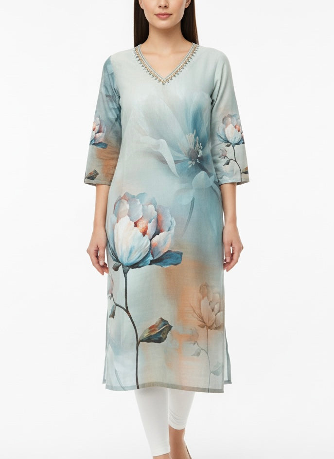 Blue printed Long Top Kurti