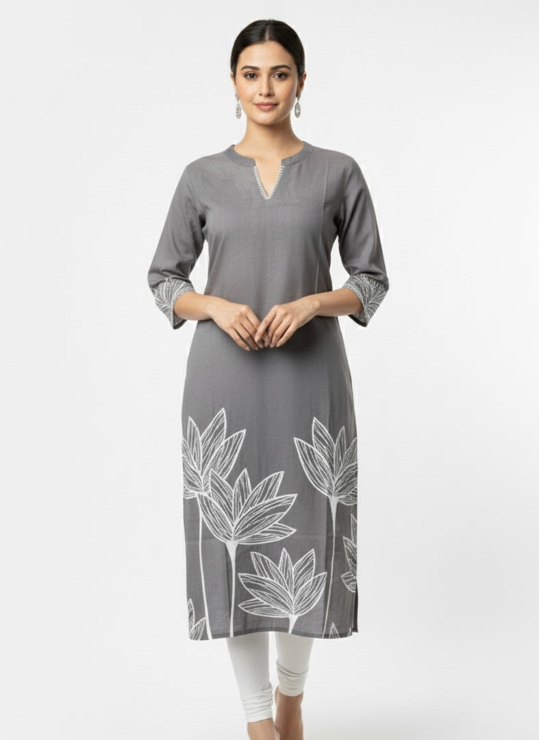 Grey - White Printed Long Top Kurti