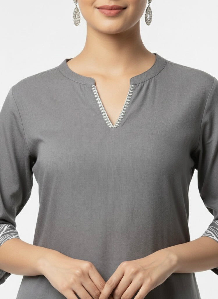Grey - White Printed Long Top Kurti