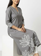 Grey - White Printed Long Top Kurti